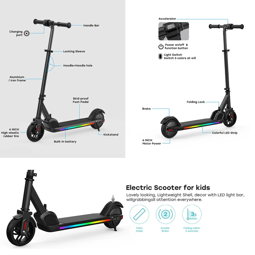 Electric Scooter for Kids, Foldable Scooter with Colourful Rainbow Light and LED Display, Adjustable Speed and Height Black - Womvr