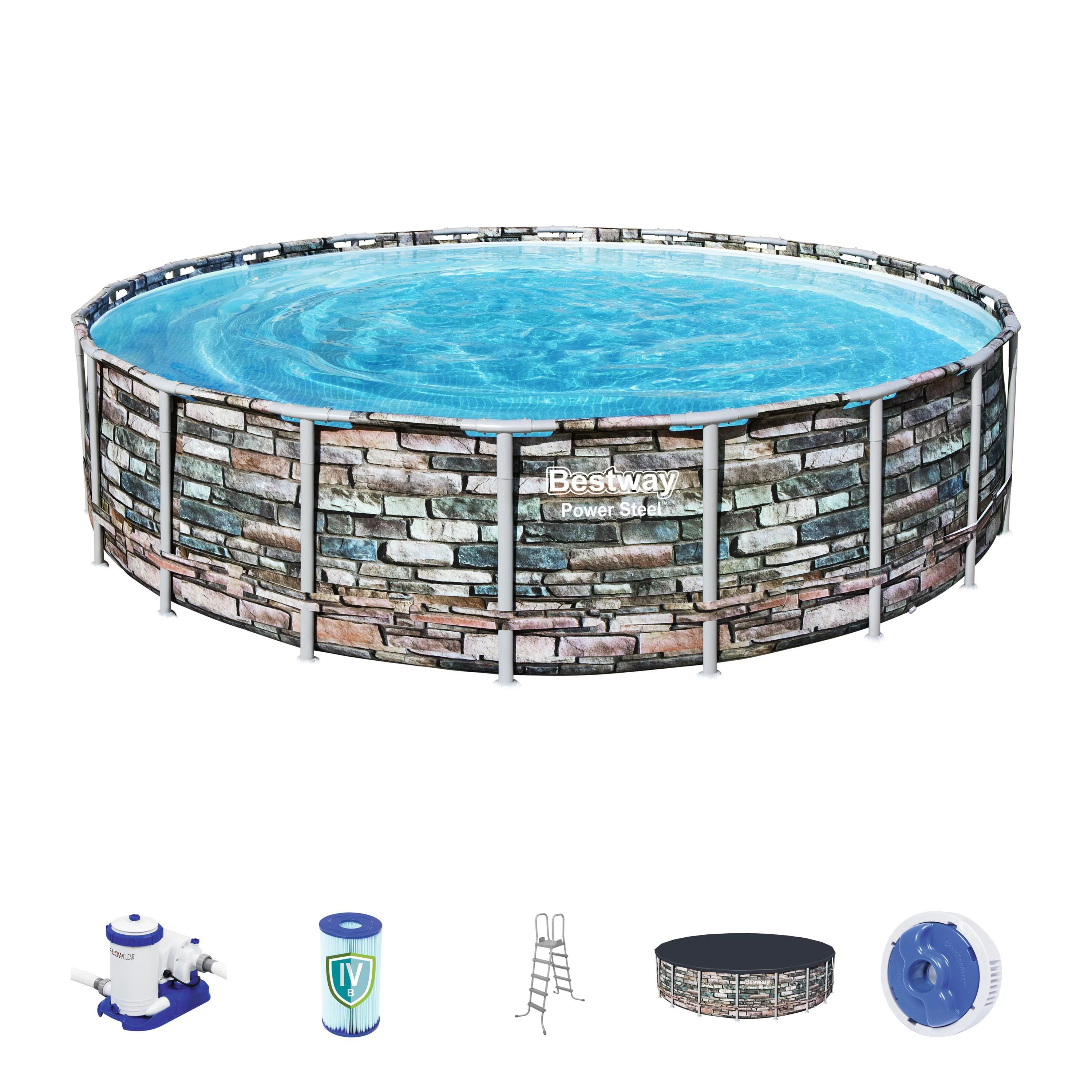 Bestway - Power Steel PVC 20 Foot Round Above Ground Swimming Pool Set - Womvr