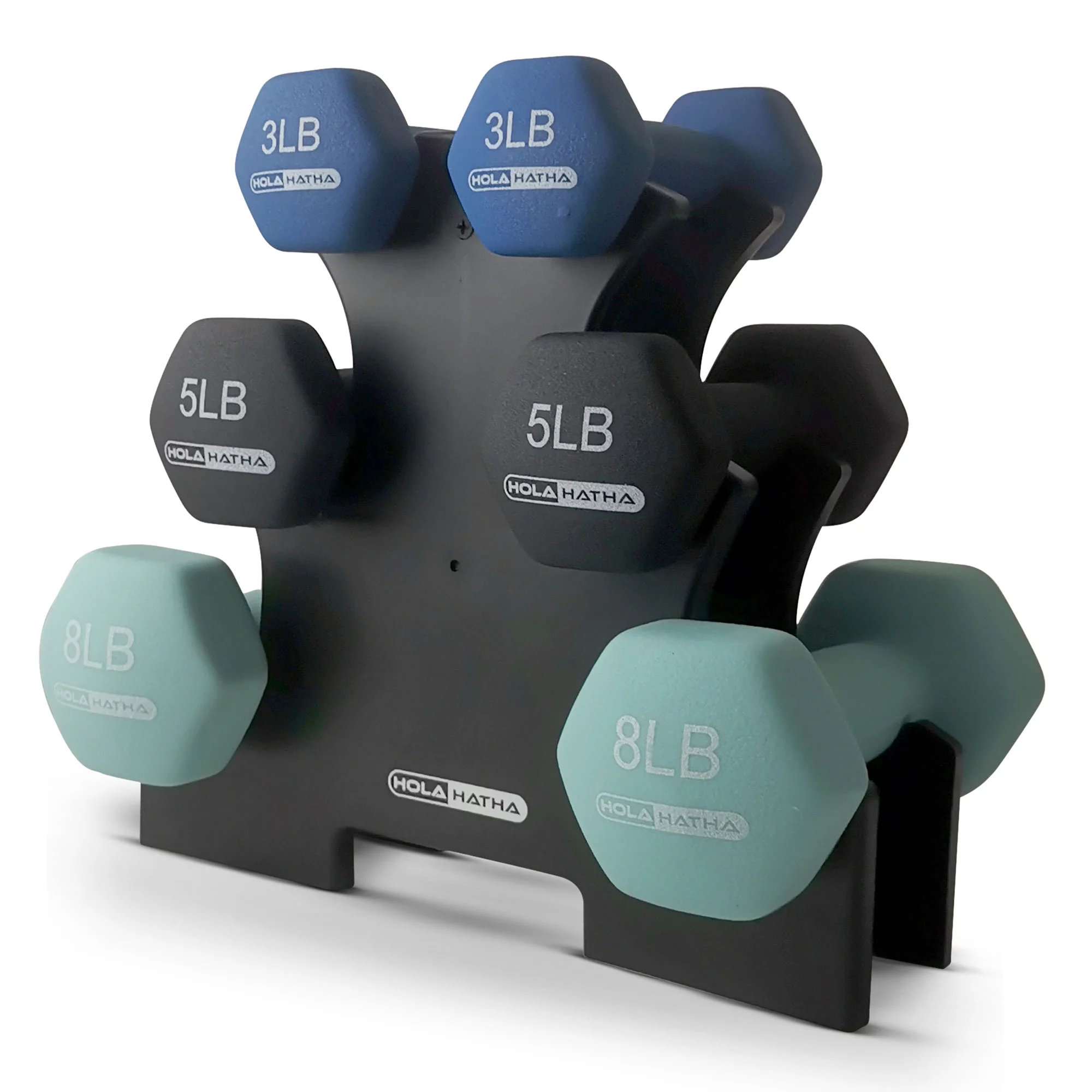 HolaHatha 3, 5, and 8 Pound Dumbbell Hand Weight Set with Storage Rack, Multi - Womvr