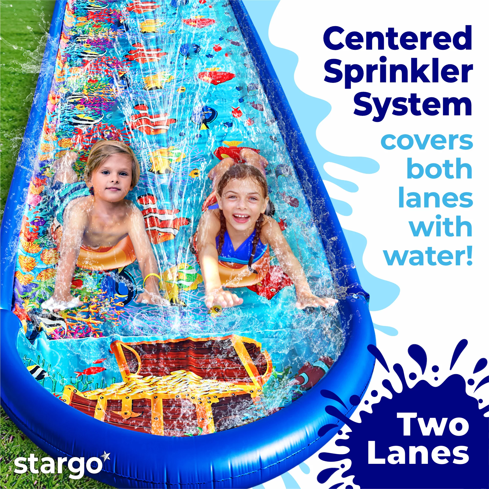 Stargo Undersea Water Dual Slip And Slide - 18 Feet X 5 Feet Slip N Slide With Splash Pad And Sprinkler, Water Slide With Inflatable Body Boards - Kids Water Fun - Womvr