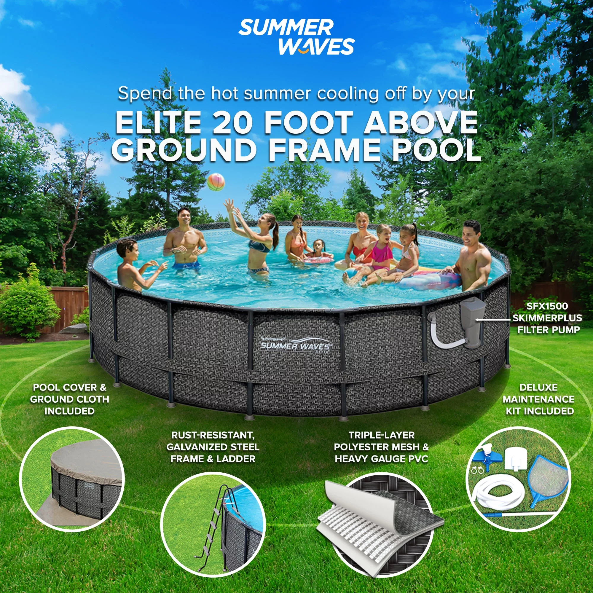 Summer Waves Elite 20ft x 48in Above Ground Frame Swimming Pool Set w/ Pump - Womvr