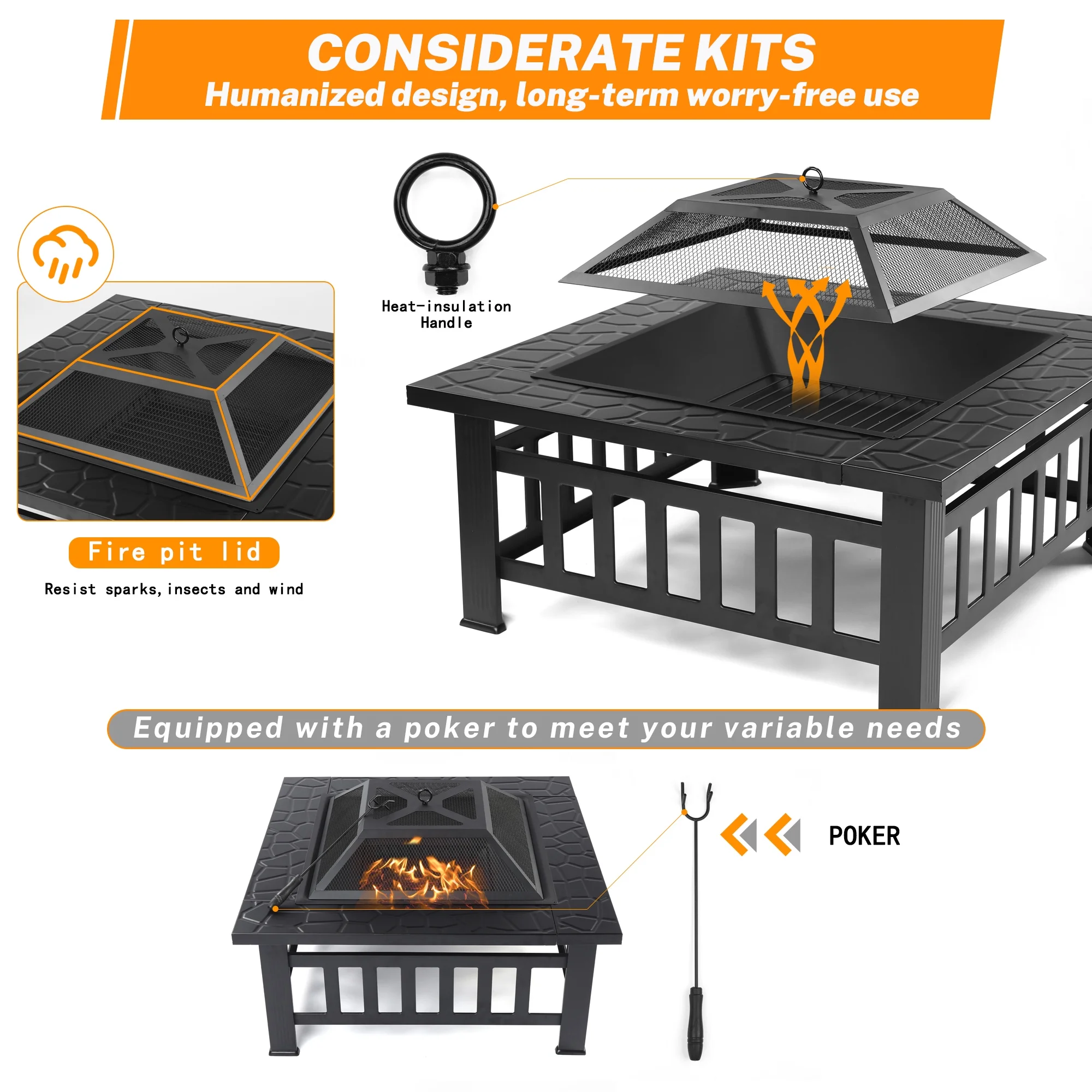 Multifunctional Fire Pit Table, Metal Fire Pit for Outside Stone Pattern, Wood Burning Outdoor Fireplace with Screen Lid/Poker for Backyard Patio Garden, 32