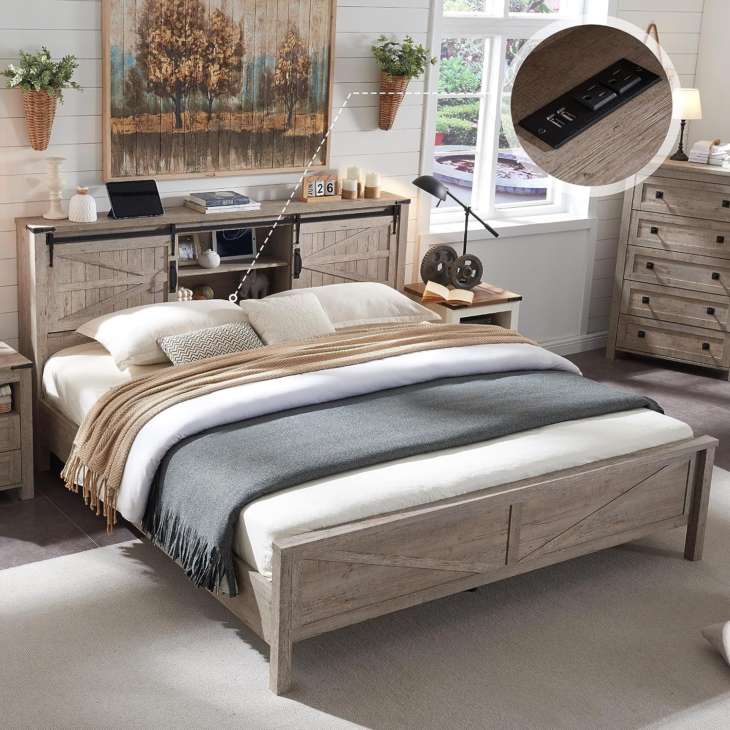 OKD Modern Farmhouse Full Platform Bed with Bookcase Headboard Storage and Charging Station, No Box Spring Needed, Anitique White Finish - Womvr
