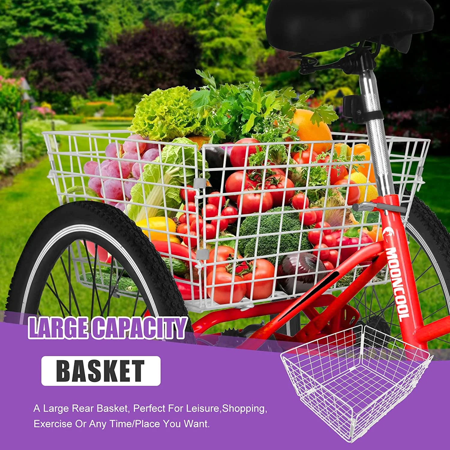 MOONCOOL Adult Folding Tricycle, 7 Speed 20/24/26 inch Adult Tricycles, Three Wheel Bike Cruiser Trike with Large Basket - Womvr