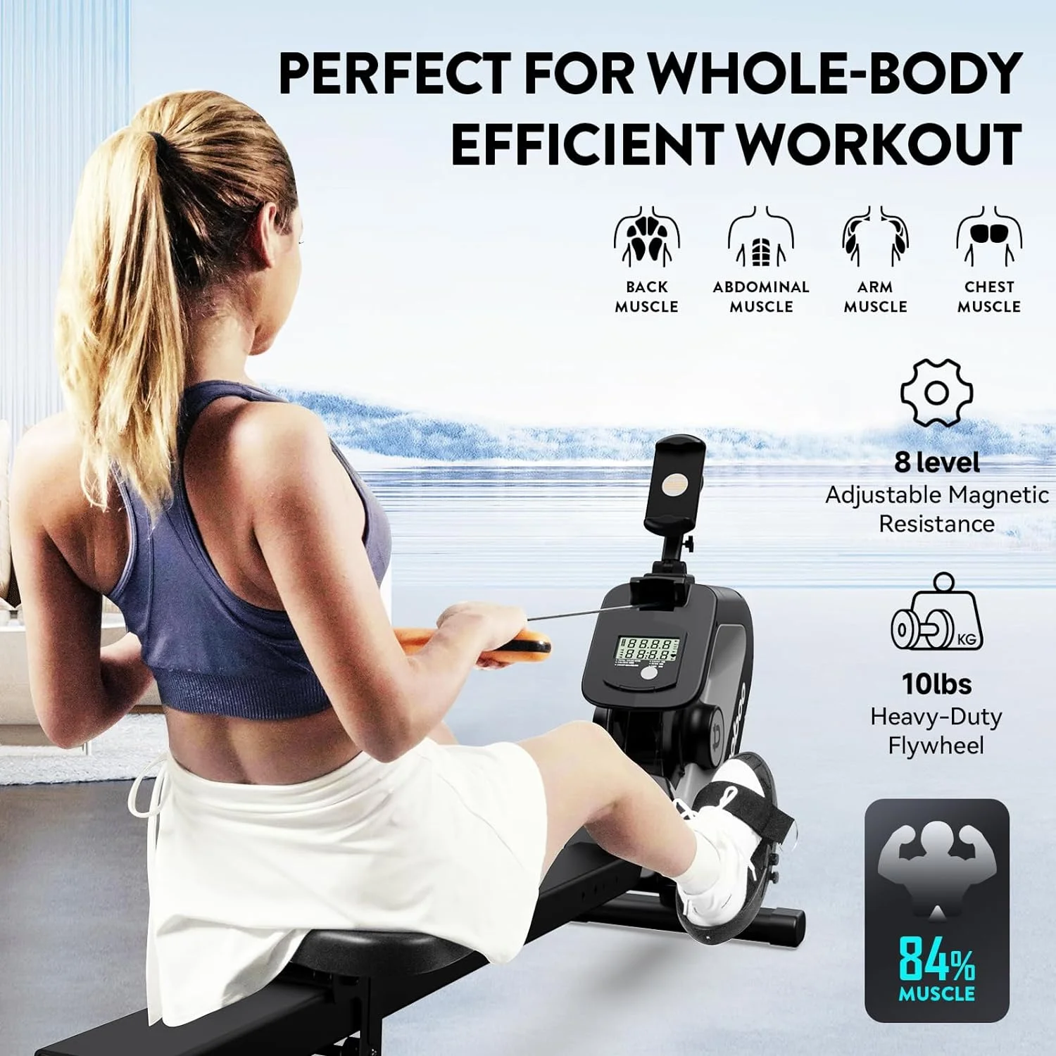 Pooboo Magnetic Rowing Machines Rower Foldable with 8 Level Resistance Indoor Rower Machine with Digital Monitor 350lbs - Womvr