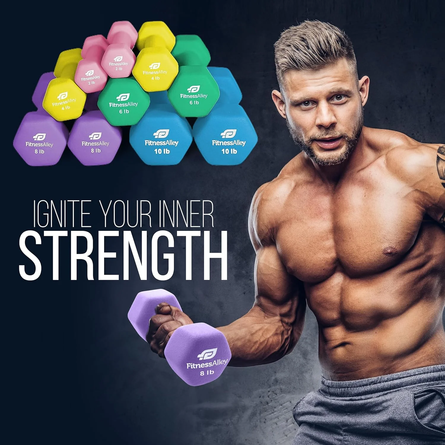 Fitness Alley Neoprene Workout Dumbbells - Non Slip, Anti Roll Exercise & Fitness Dumbbells Combo - Hex Shaped Hand weights for Men & Women(2, 4, 6, 8, & 10lb Dumbbells) - Womvr