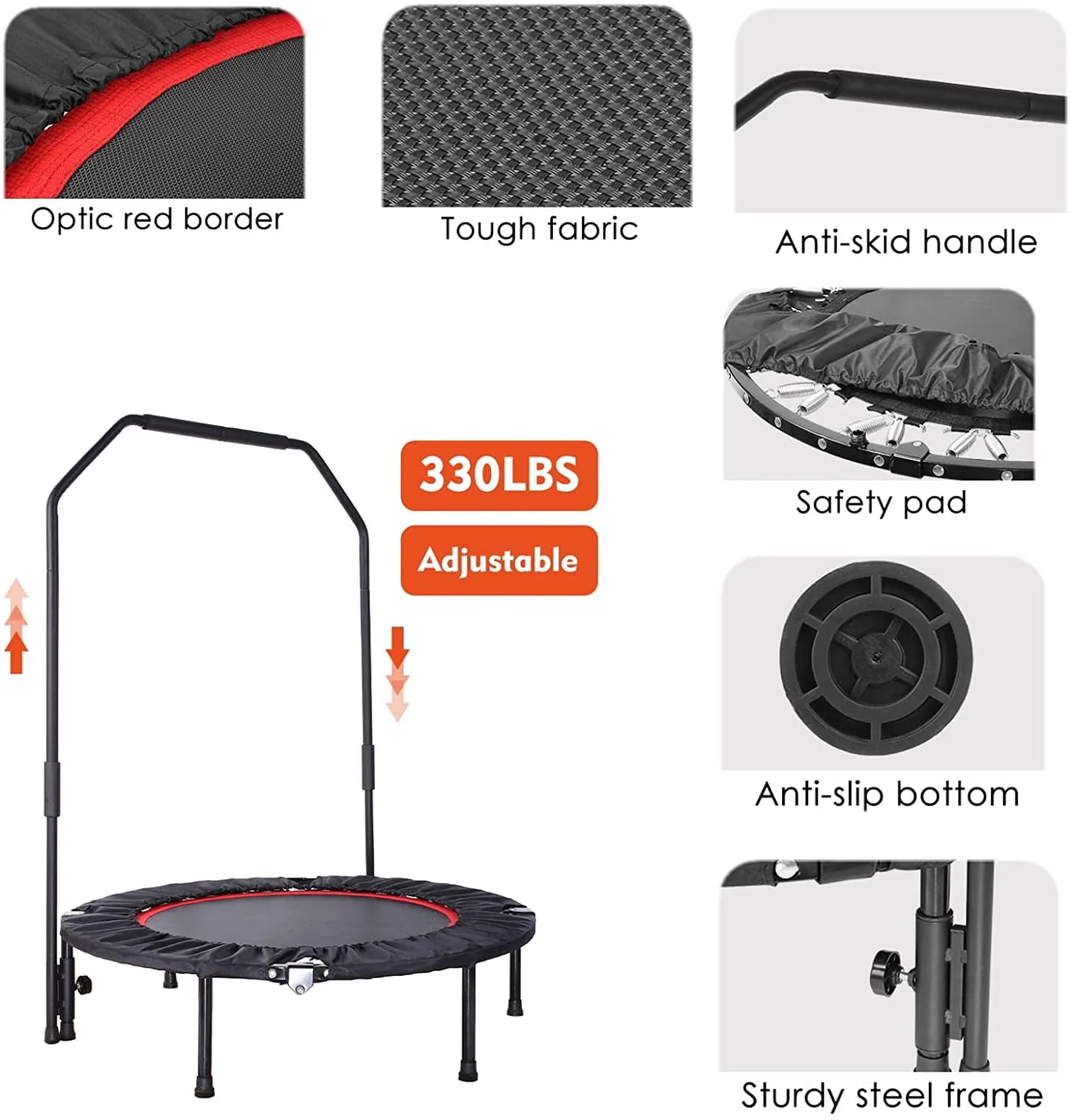 Arlopu 40'' Foldable Mini Trampoline, Fitness Rebounder with Adjustable Foam Handle, Exercise Trampoline for Adults Home Gym Workout, Max Load 330lbs - Womvr