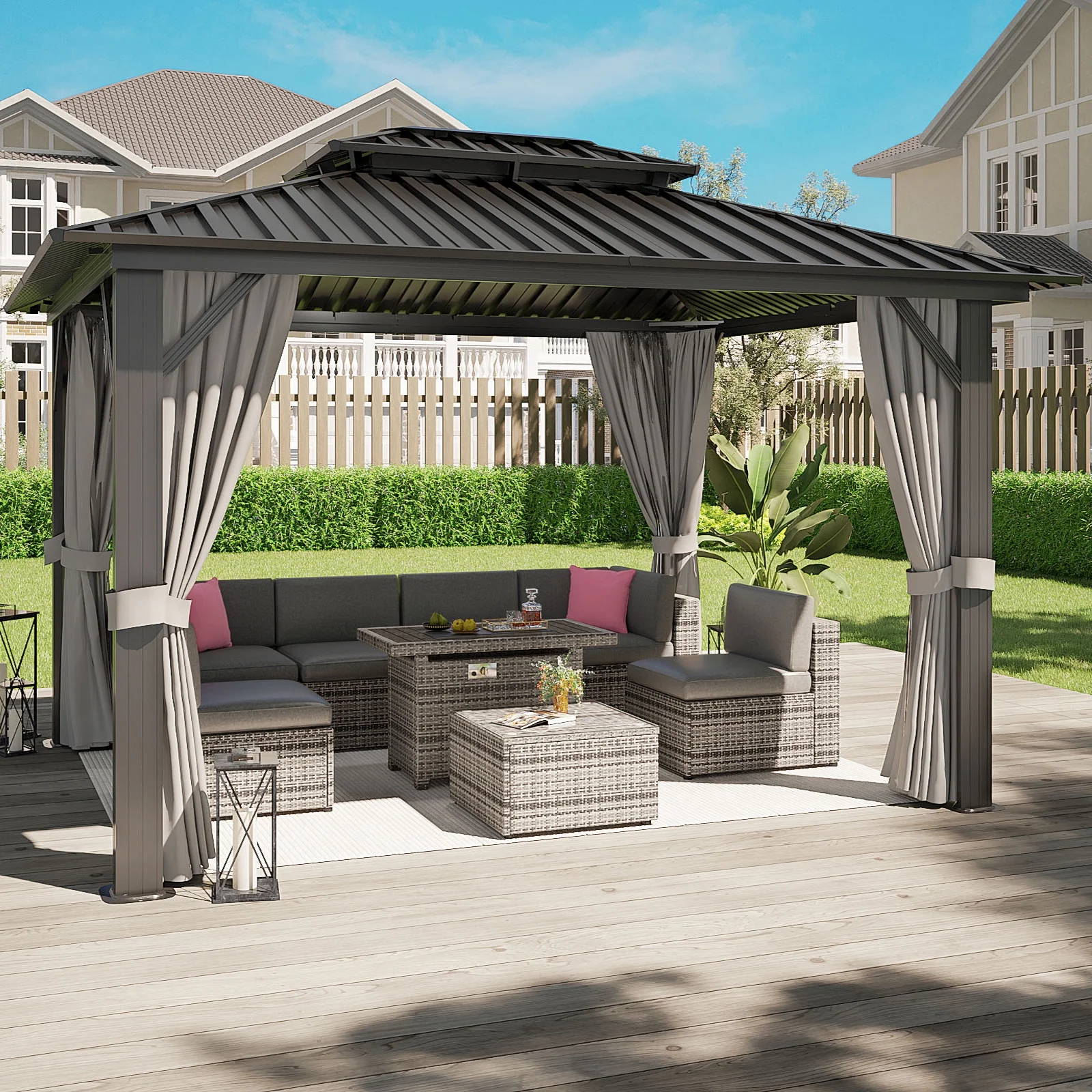 Aoxun 10'x12' Hardtop Gazebo, Outdoor Steel Double Roof Canopy, Aluminum Frame Permanent Pavilion with Curtains and Netting, Sunshade for Garden, Patio, Lawns, Black - Womvr