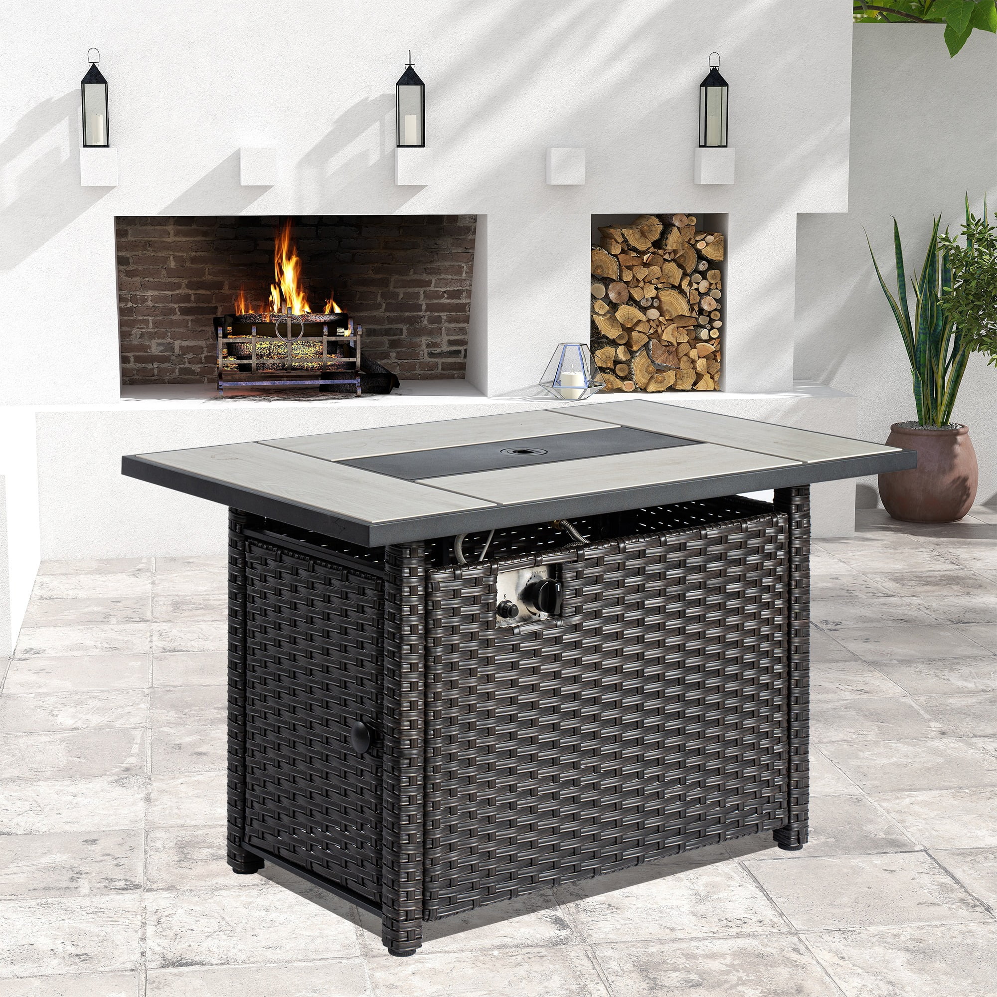 Ovios Outdoor Wicker Propane Fire Pit Table 42-Inch 50,000 BTU Flame Gas Fire Pits for Patio with Waterproof Cover & Lid Rectangle - Womvr