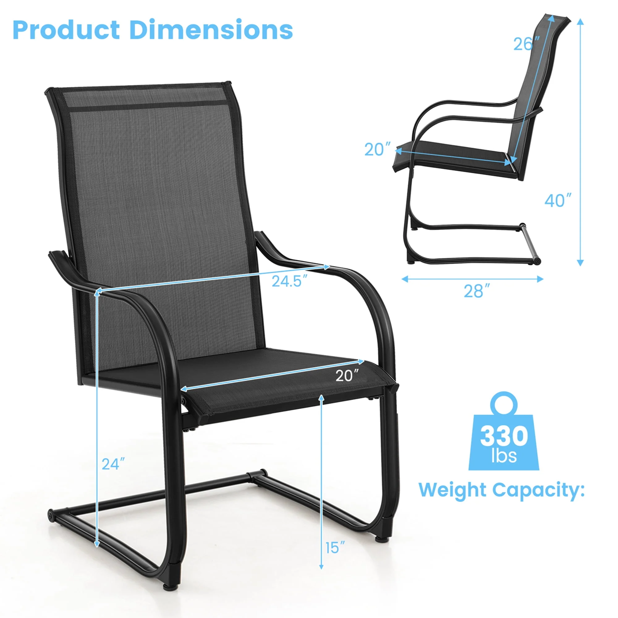 Costway 2pcs C-Spring Motion Patio Dining Chairs All Weather Heavy Duty Outdoor Black - Womvr