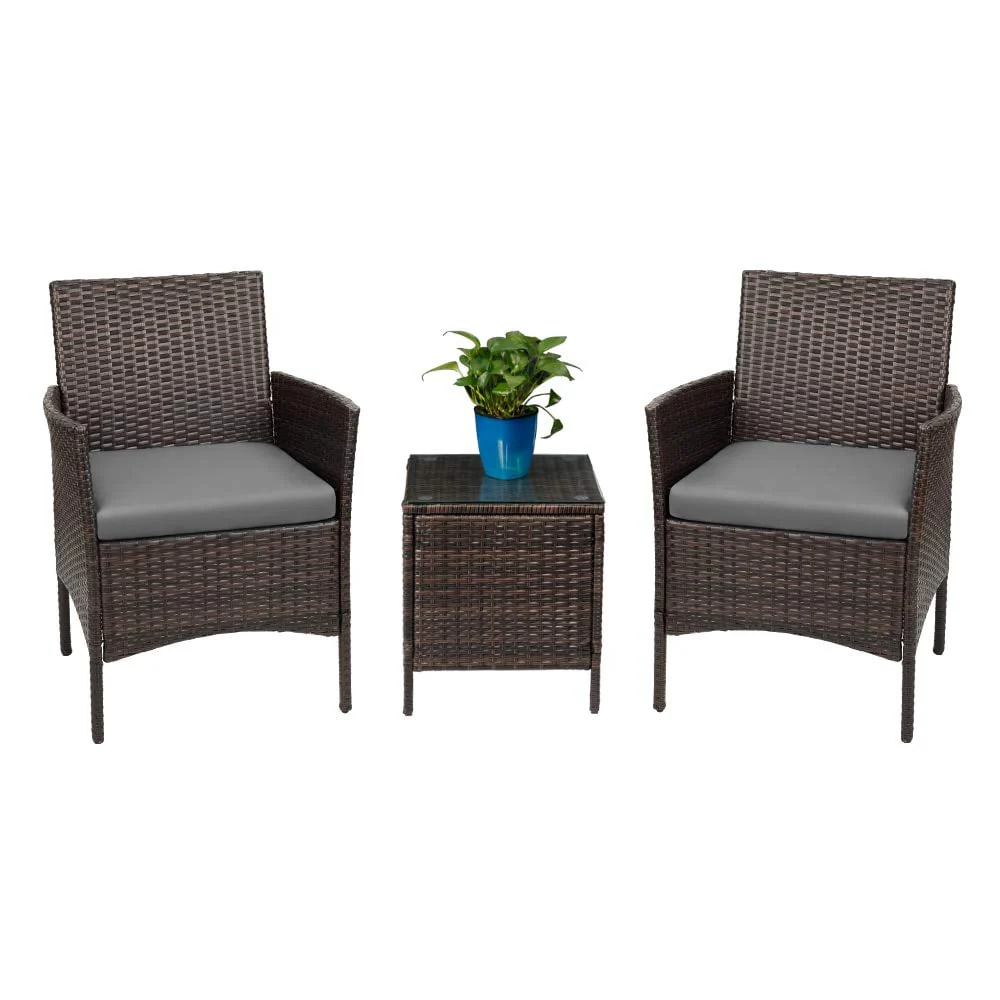 Lacoo 3 Pieces Outdoor Patio Furniture PE Rattan Wicker Table and Chairs Set Bar Set with Cushioned Tempered Glass, Brown/Beige, 2 - Womvr