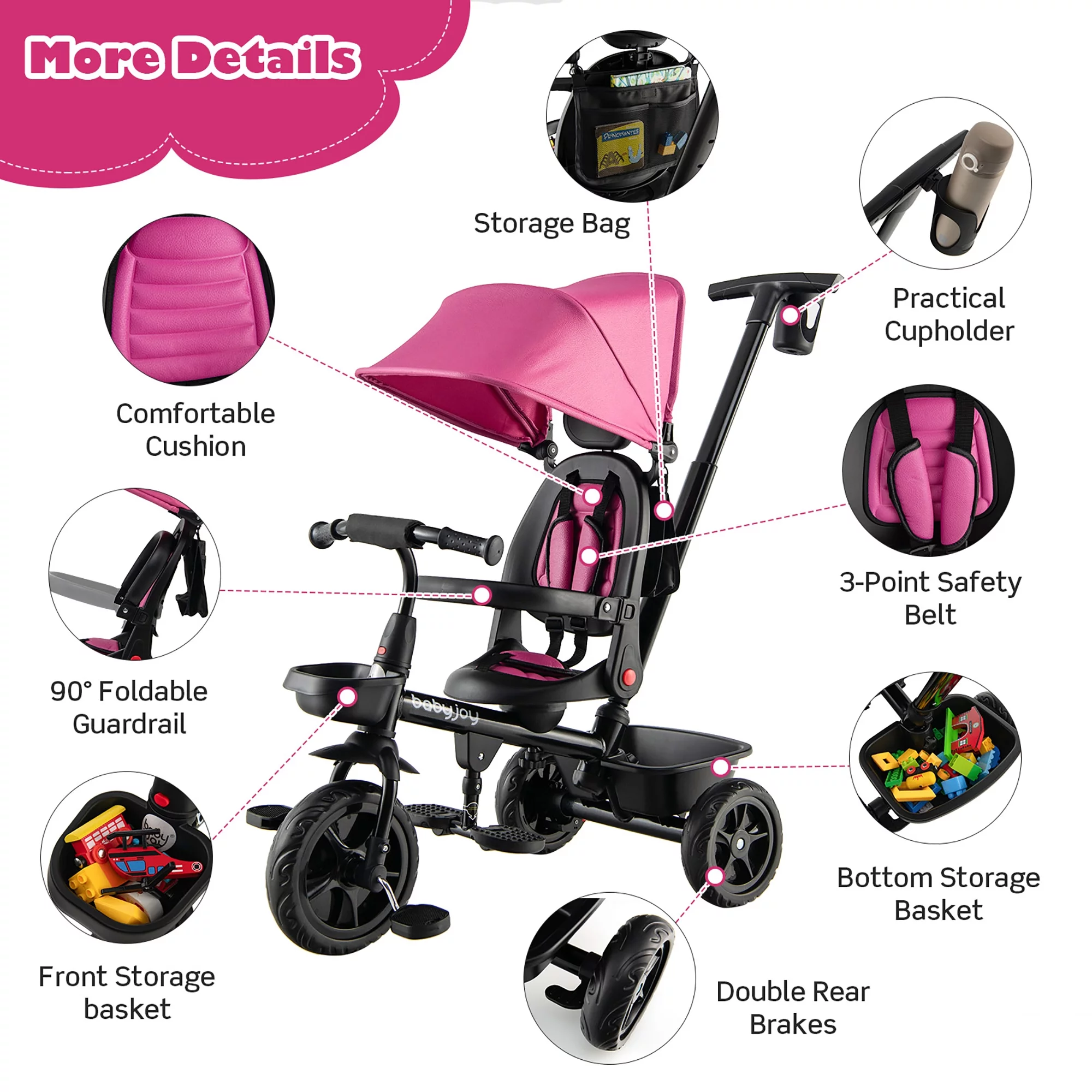 Babyjoy 4-in-1 Toddler Tricycle Reversible Baby Trike W/ Height Adjustable Push Handle - Womvr