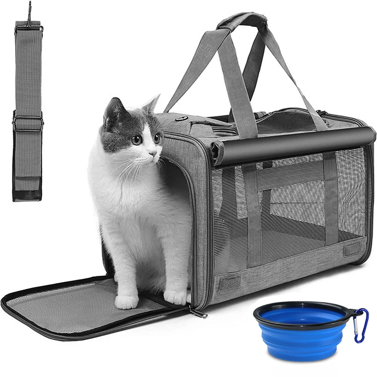 Cat Carrier, Soft Sided Cat Carriers for Large Small Medium Dogs Cats Under 25lbs, Foldable Pet Travel Carrier with a Bowl/Washable Pad, TSA Airline Approved, Blue - Womvr