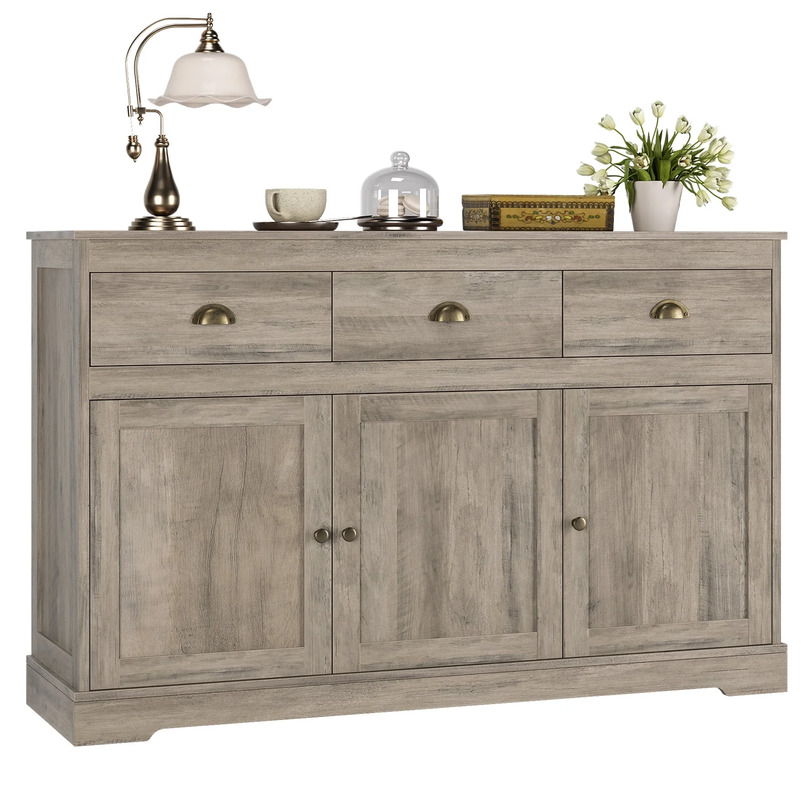 Homfa Sideboard Storage Cabinet with 3 Drawers & 3 Doors, 53.54'' Wide Buffet Cabinet for Dining Room, White - Womvr
