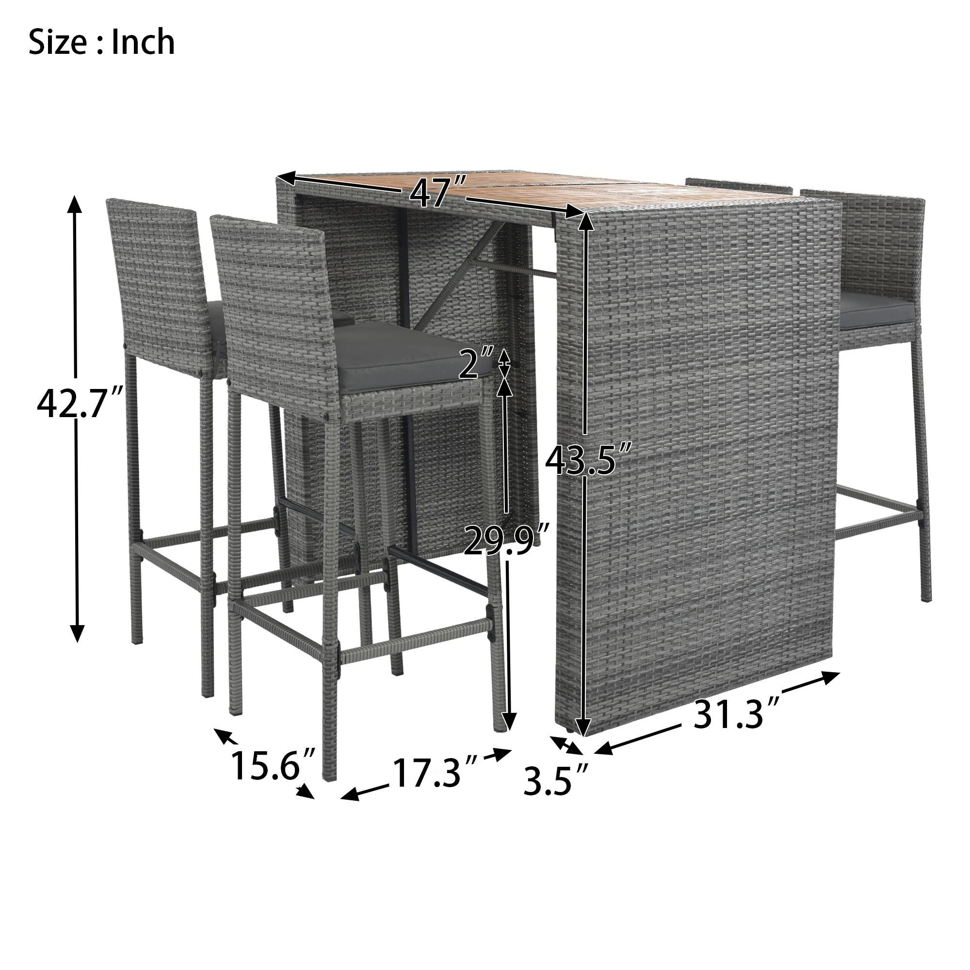 SESSLIFE 5 Piece Outdoor Rattan Dining Set with Storage Shelf, Patio Bar Table and 4 Stools Set, Modern Gray Wicker Outdoor Furniture Sets - Womvr