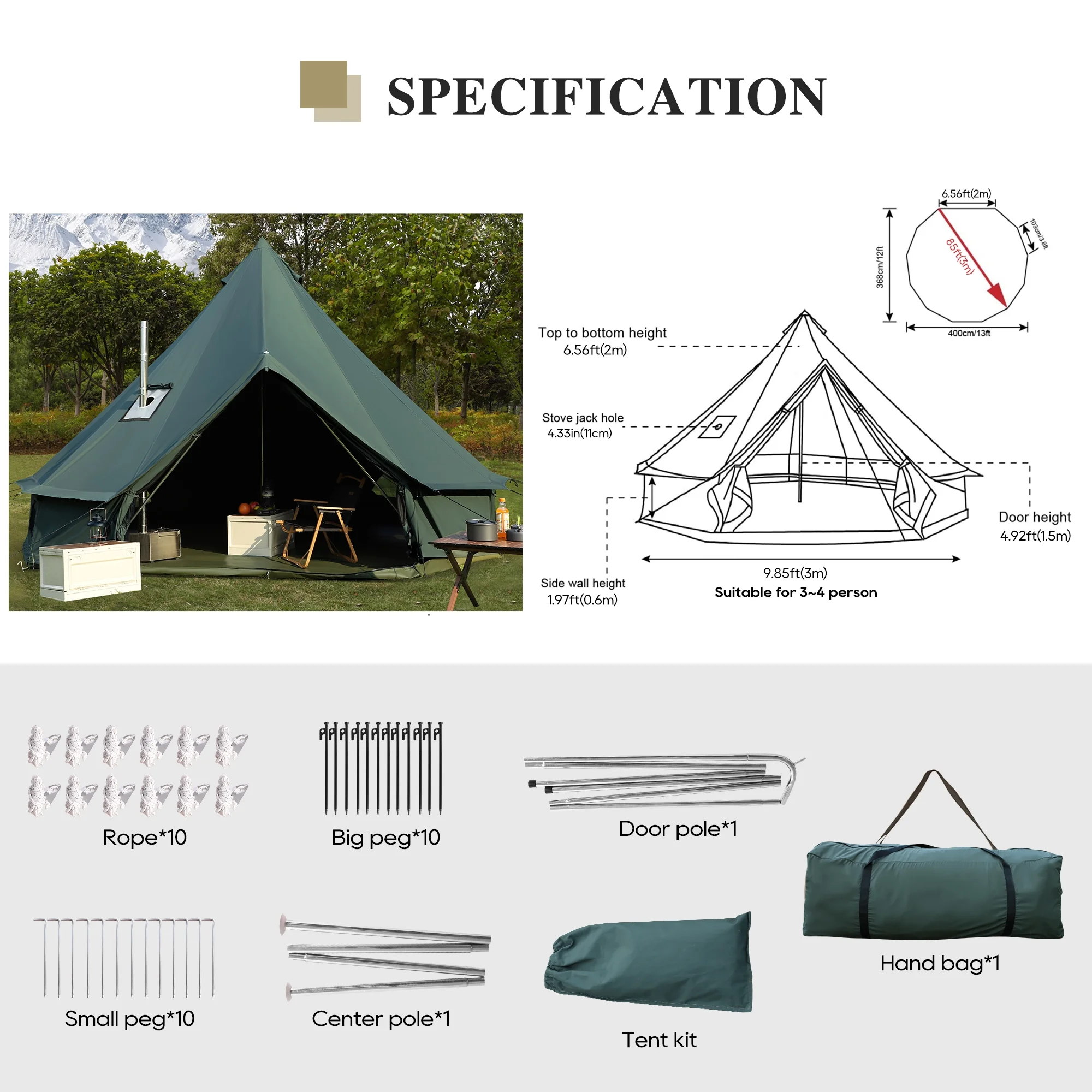 LVUYOYO Bell Tent for Camping, Cotton Canvas Bell Tent with Stove Jack, Outdoor Canvas Bell Tent for Family Glamping Camping, 4 Season Tent with Zipped Removable Floor,5M,Green - Womvr