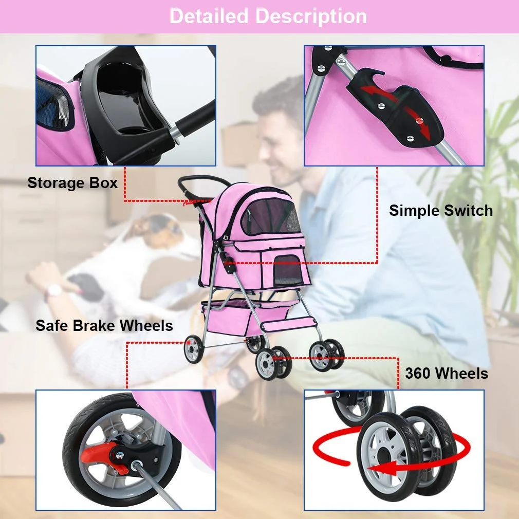4 Wheels Pet Stroller Foldable Dog Stroller Cat Stroller with Storage Basket & Removable Liner, Travel Lite Foldable Carrier Strolling Cart for Dogs Cats, Black - Womvr