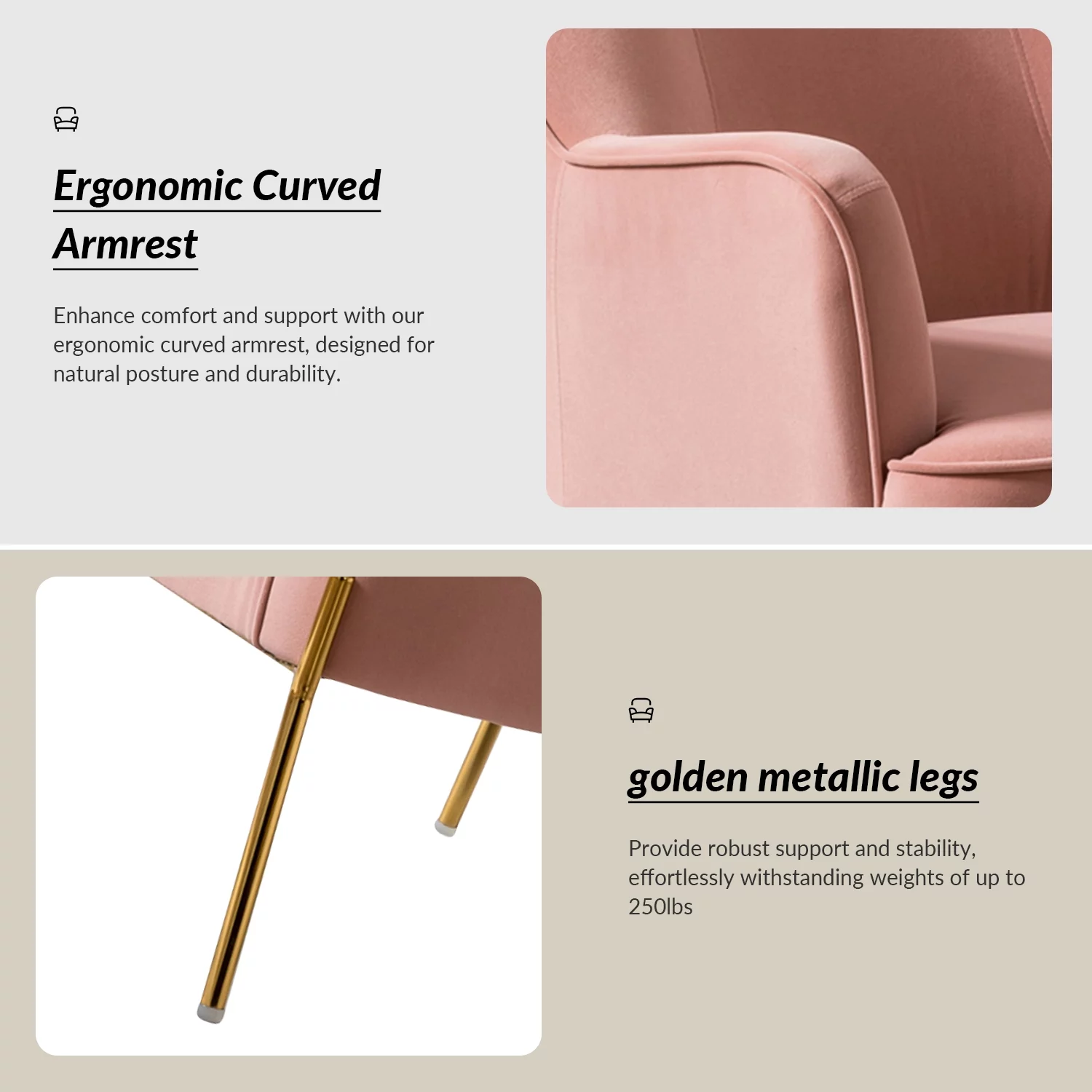 Velvet Upholstered Accent Chair Metal Legs Curved Backrest Lounge Home Armchair Bedroom Adult Pink - Womvr