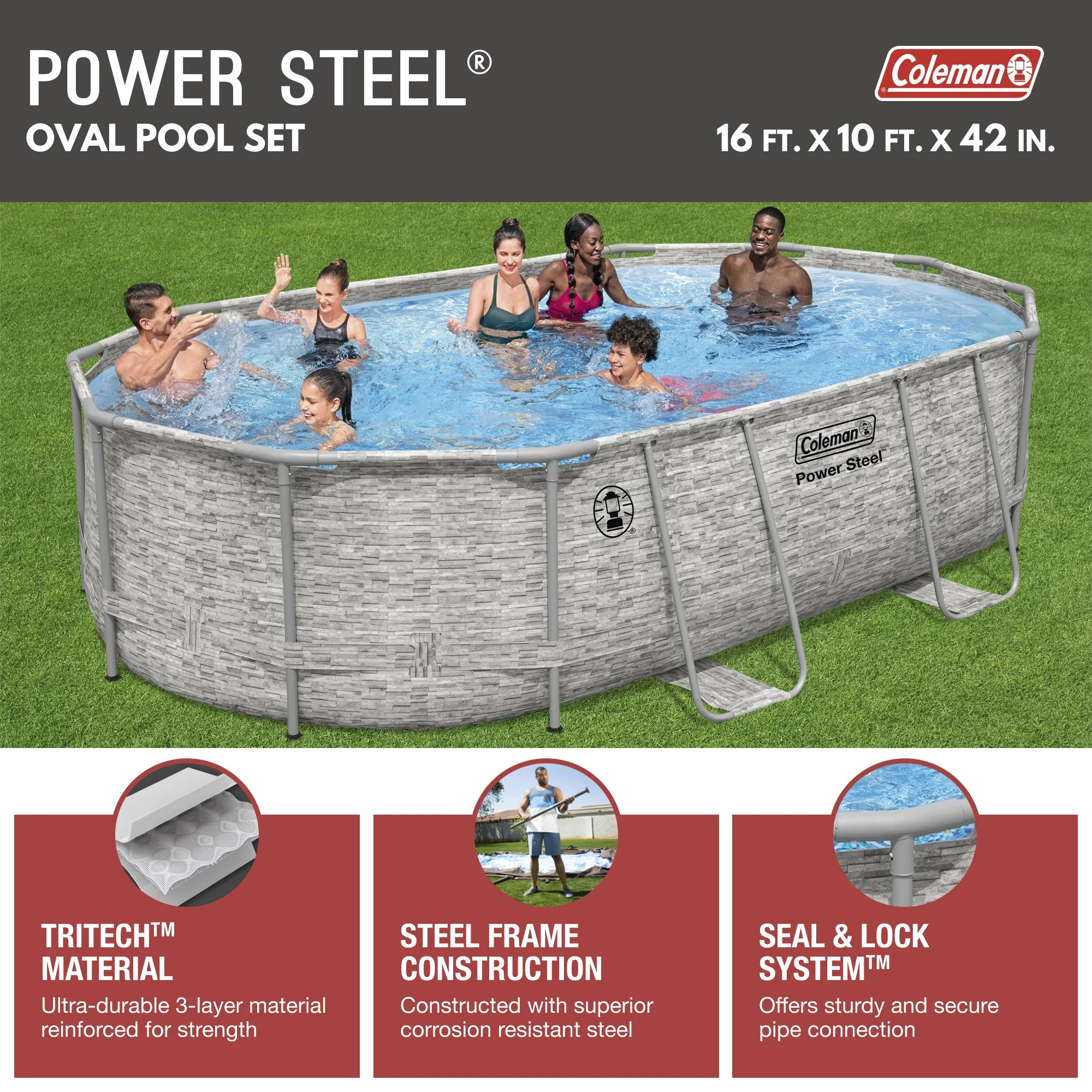 Coleman Power Steel 16 ft. x 10 ft. x 42 in. Oval Metal Frame Above Ground Pool Set - Womvr