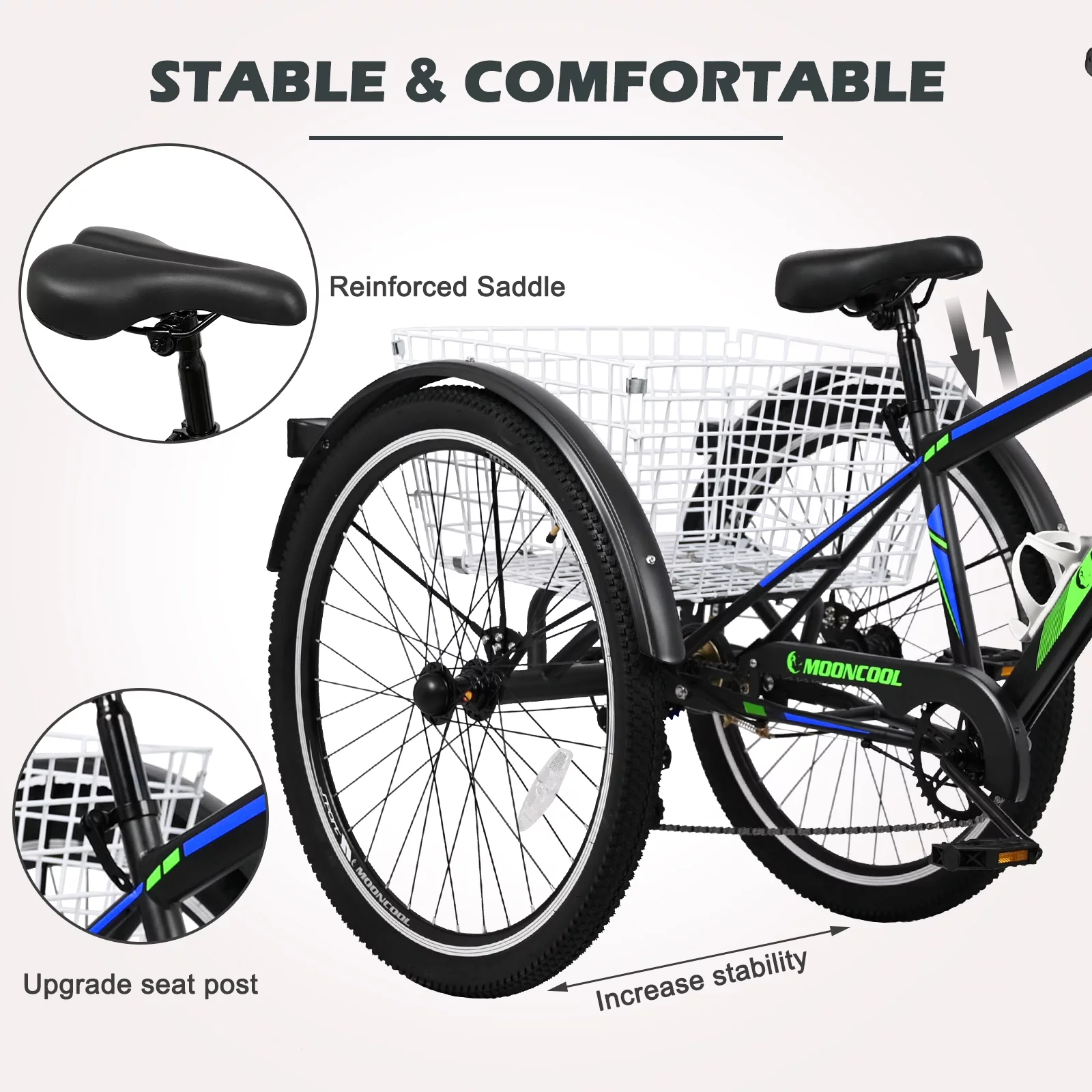 Docred Adult Tricycle, 7 Speed Three Wheel Mountain Bike, 24/26/27.5 inch Adults Trikes ,Load capacity 420 lbs - Womvr