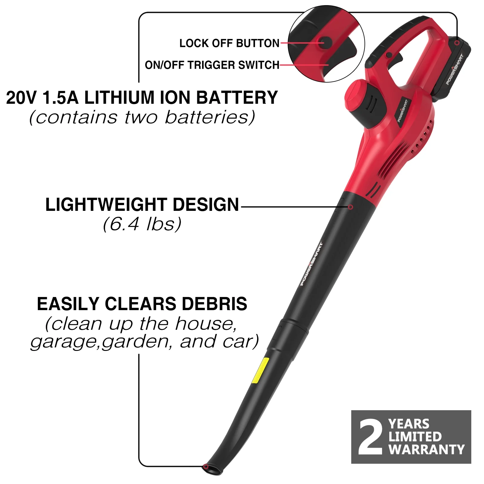 PowerSmart 20V Cordless Handheld Garden Leaf Blower with two 2.0Ah Batteries and Charger,PS76101A - Womvr