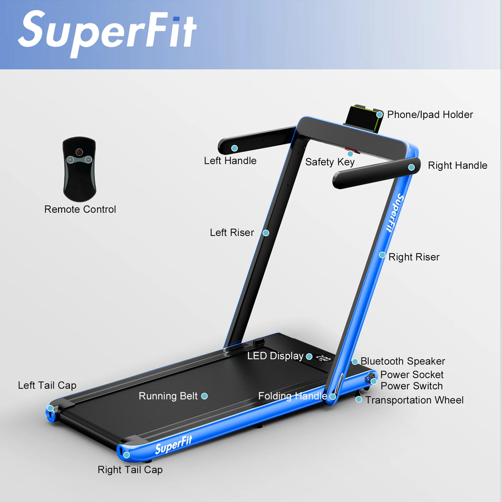 SuperFit Up To 7.5MPH 2.25HP 2 in 1 Single Display Screen Folding Treadmill Remote Control W/ APP Control Speaker Black - Womvr