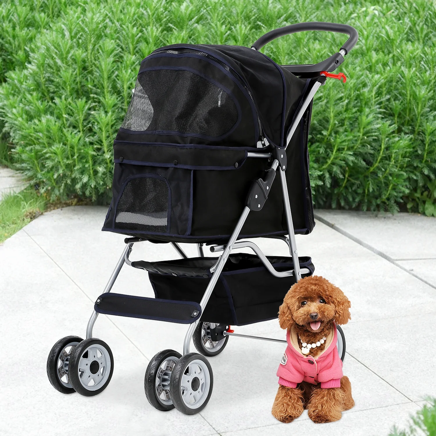 4 Wheels Pet Stroller Foldable Dog Stroller Cat Stroller with Storage Basket & Removable Liner, Travel Lite Foldable Carrier Strolling Cart for Dogs Cats, Black - Womvr