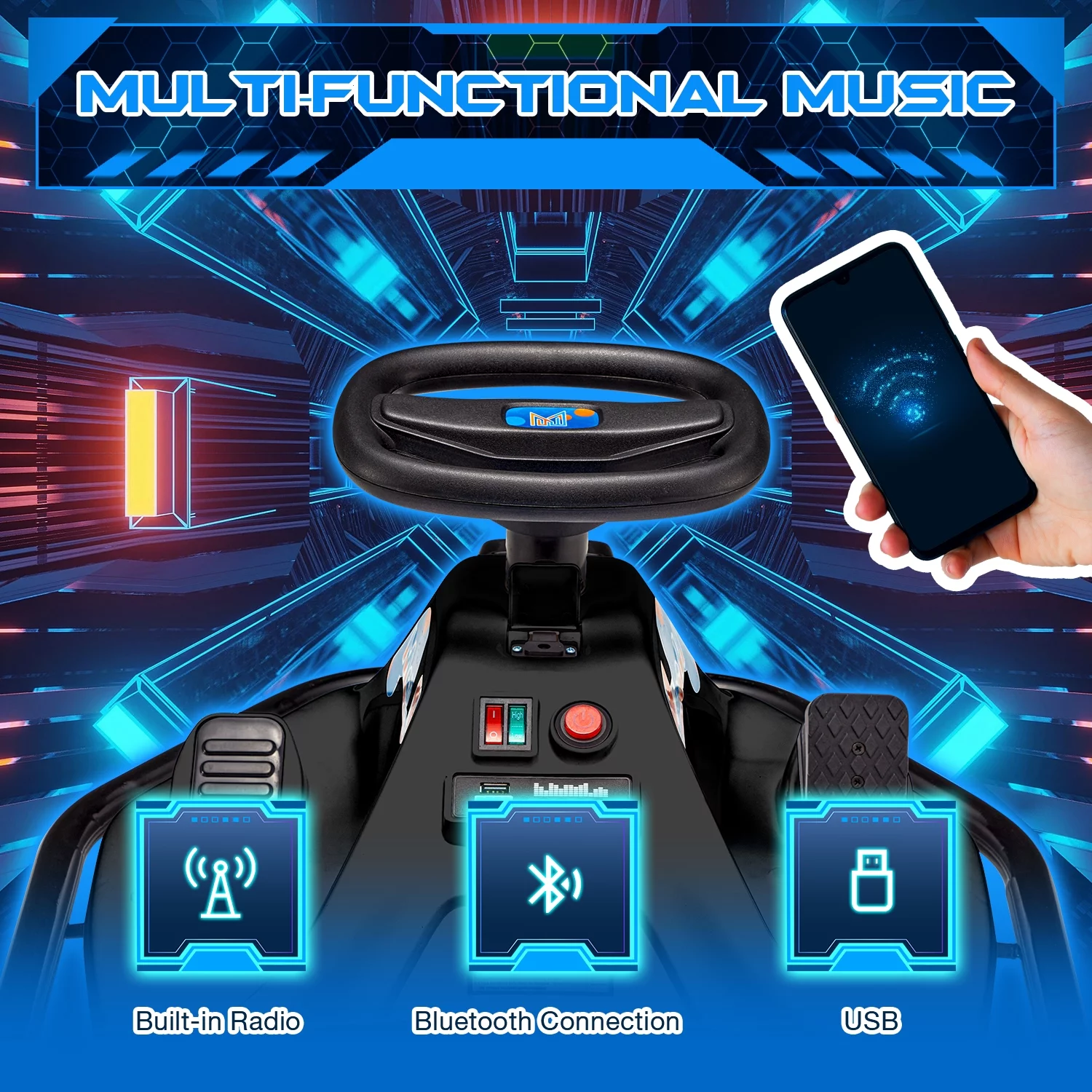 Hommow 12V Ride on Drift Car for Kids,Electric Drifting Go-Kart with Acceleration Pedal, Music, Bluetooth, LED Lights,Christmas Gift for 4-18Years Old,Blue - Womvr