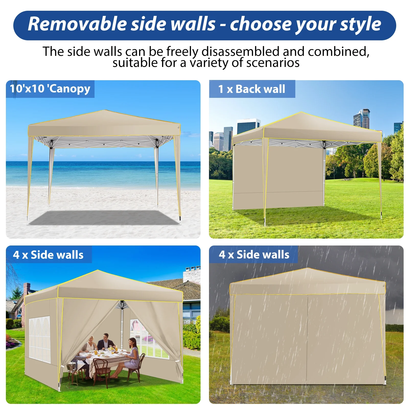 SANOPY 10' x 10' Pop up Canopy, UV and Rain Resistant Canopy Shelter with 4 Removable Sidewalls and Sandbags, Outdoor Canopy with Carry Bag for Grass, Beach and Camping - Womvr