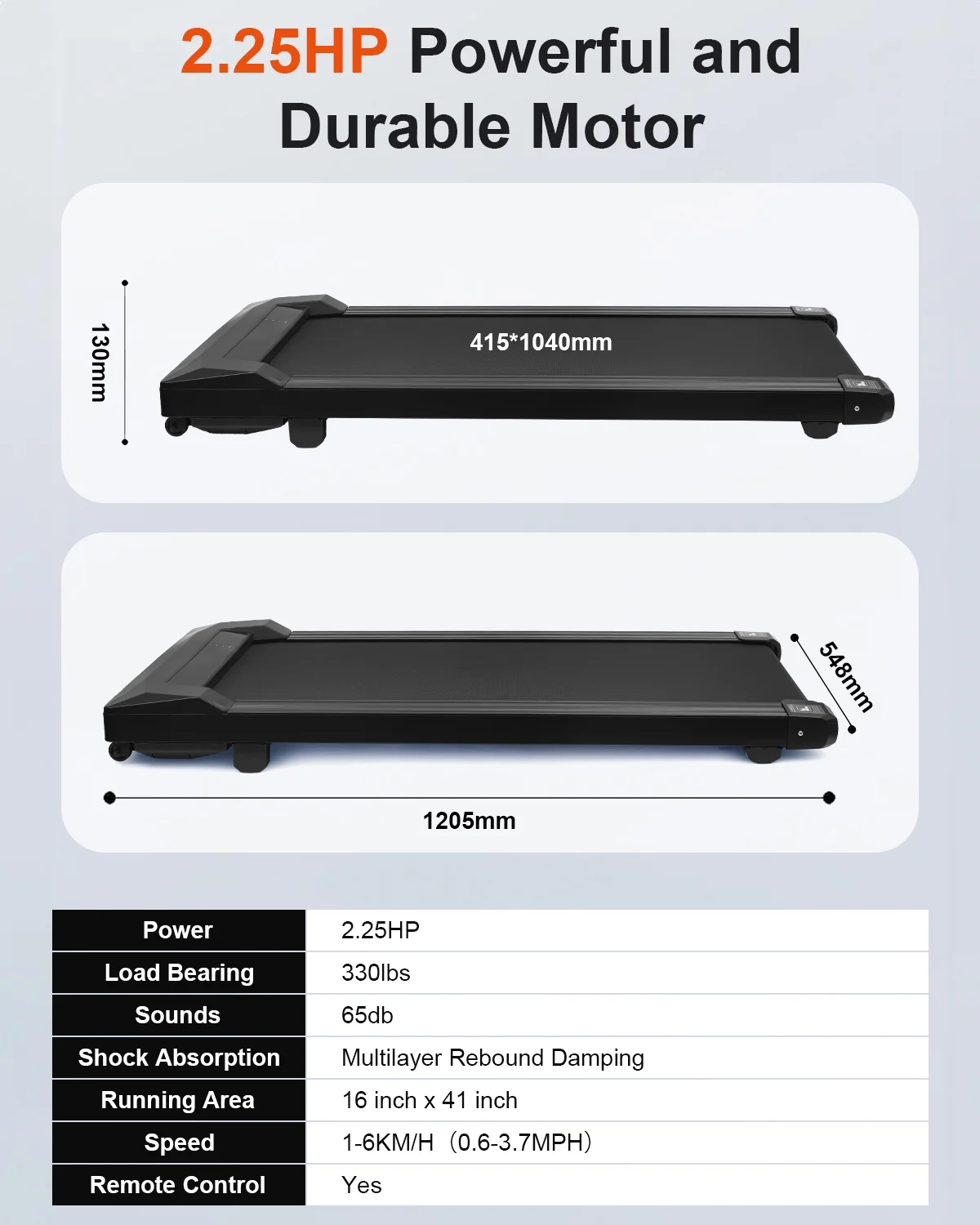 UPGO 2.25HP Walking Pad Under Desk Treadmill with 330 lbs Weight Capacity Walking Jogging Machine with Remote Control and LED for Home/Office - Womvr