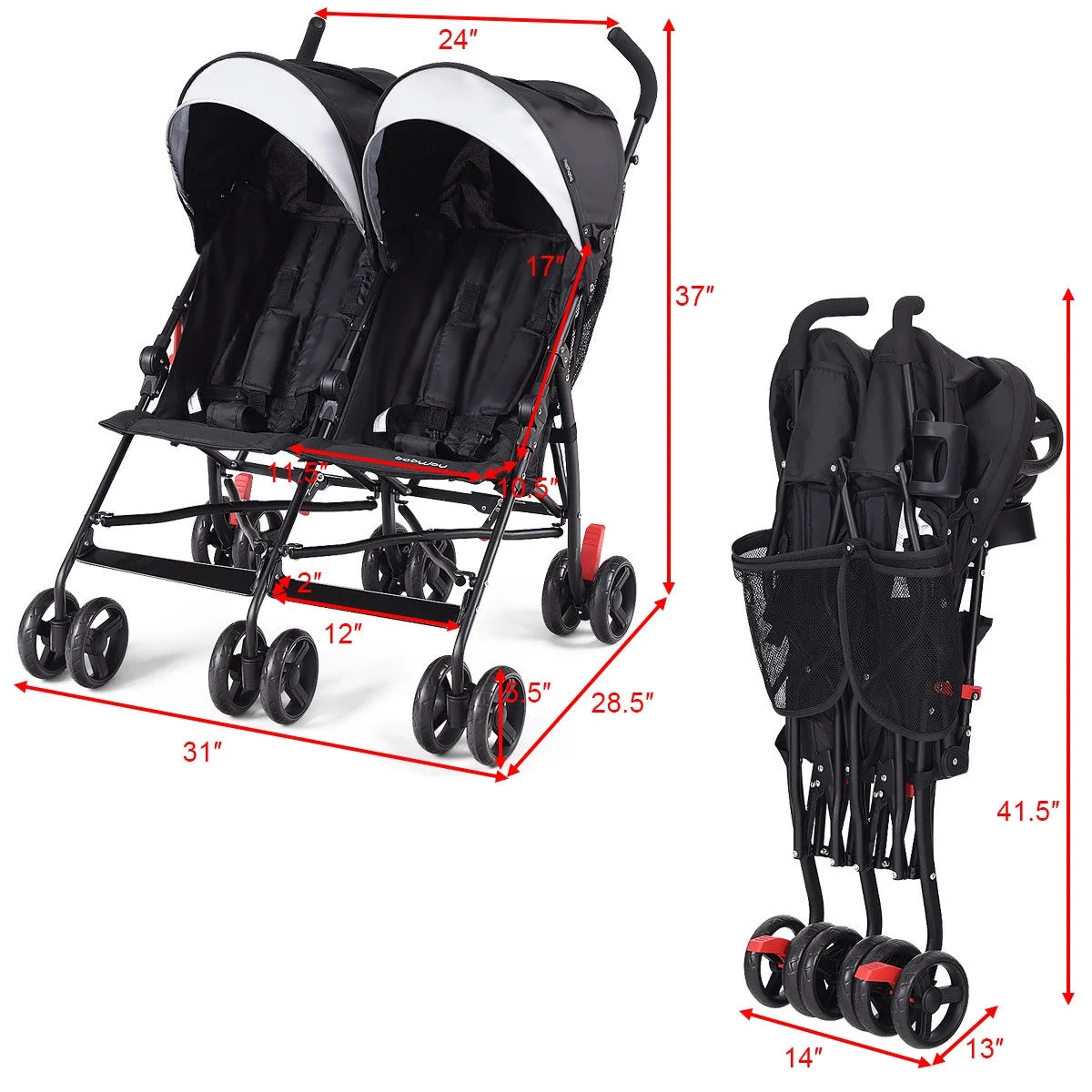 Baby-joy Foldable Twin Baby Double Stroller Kids Ultralight Umbrella Stroller Pushchair Black - Womvr