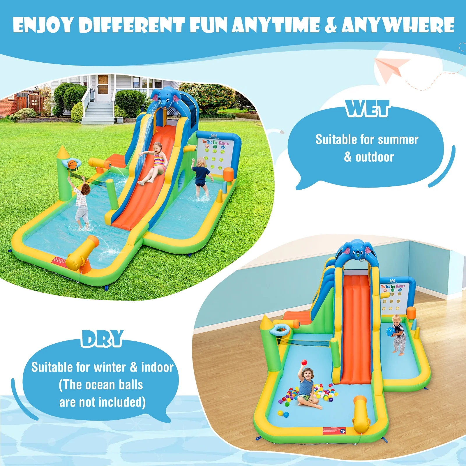 Topbuy Inflatable Water Slide 9-in-1 Blow-up Water Park for Kids with Splash Pool Climbing Wall Water Guns Basketball Toss - Womvr
