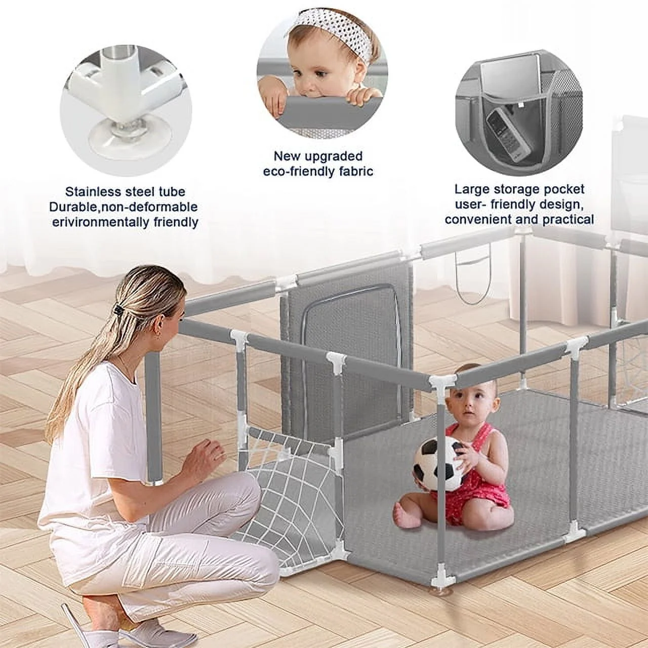 Baby Playpen,71x48inch Large Play Yard for Babies Toddlers, Sturdy Safety Baby Play Area, Gray - Womvr
