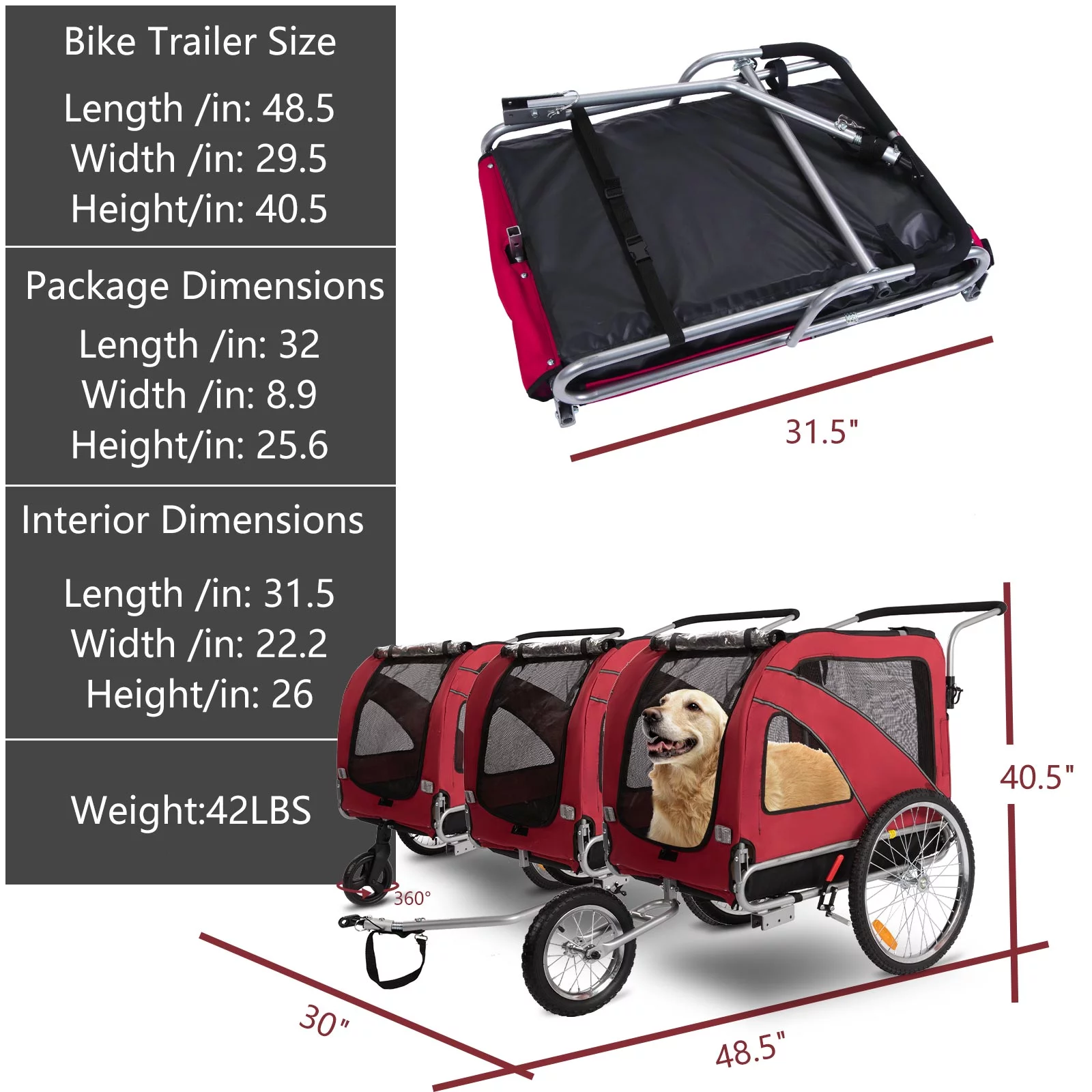 MOJAY 3-in-1 Dog Bicycle Trailer, Dog Stroller, and Dog Jogging Stroller, Red - Womvr