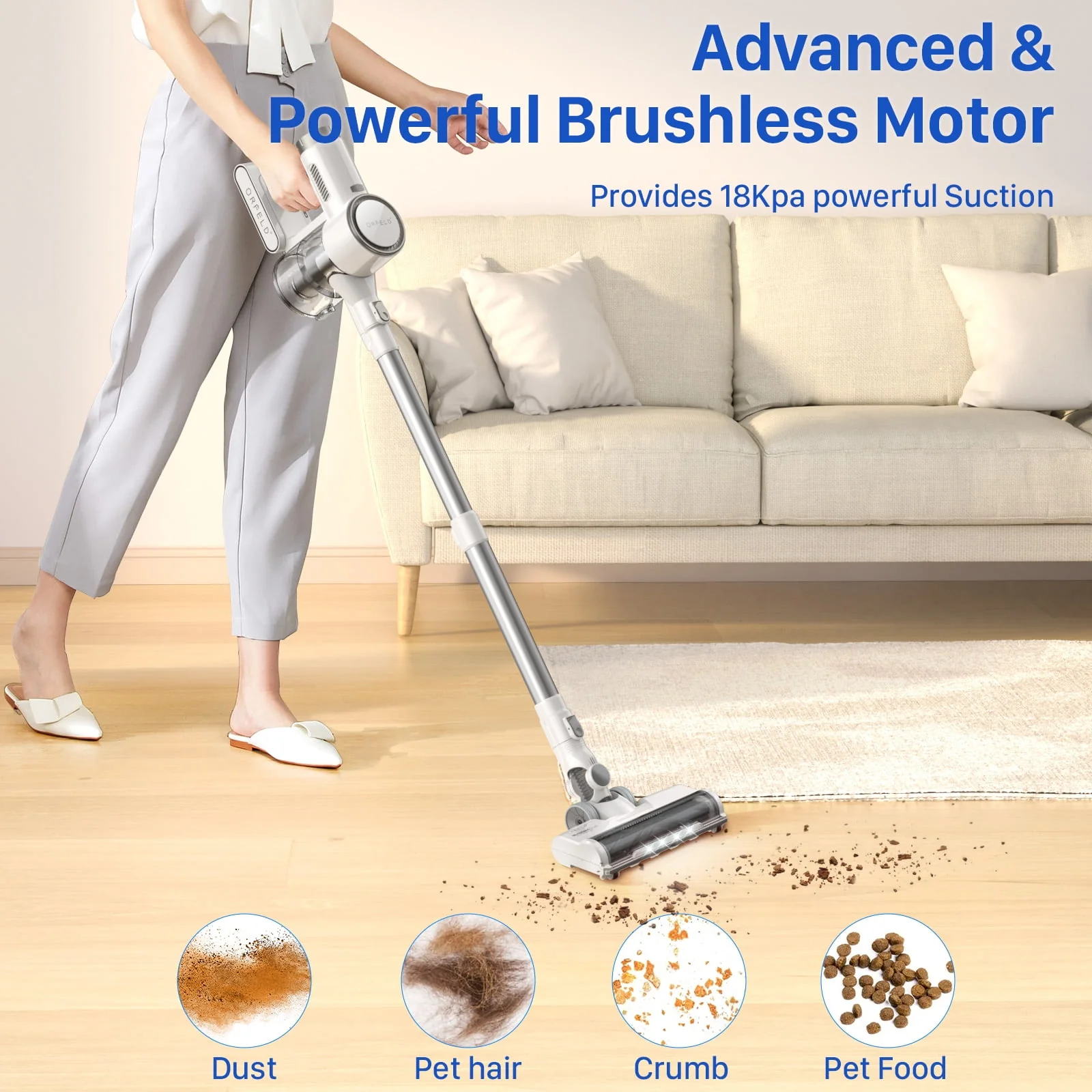 ORFELD V30 Cordless Vacuum Cleaner, 20000Pa Stick Vacuum 2 in 1, Up to 50 Mins Runtime for Home - Womvr