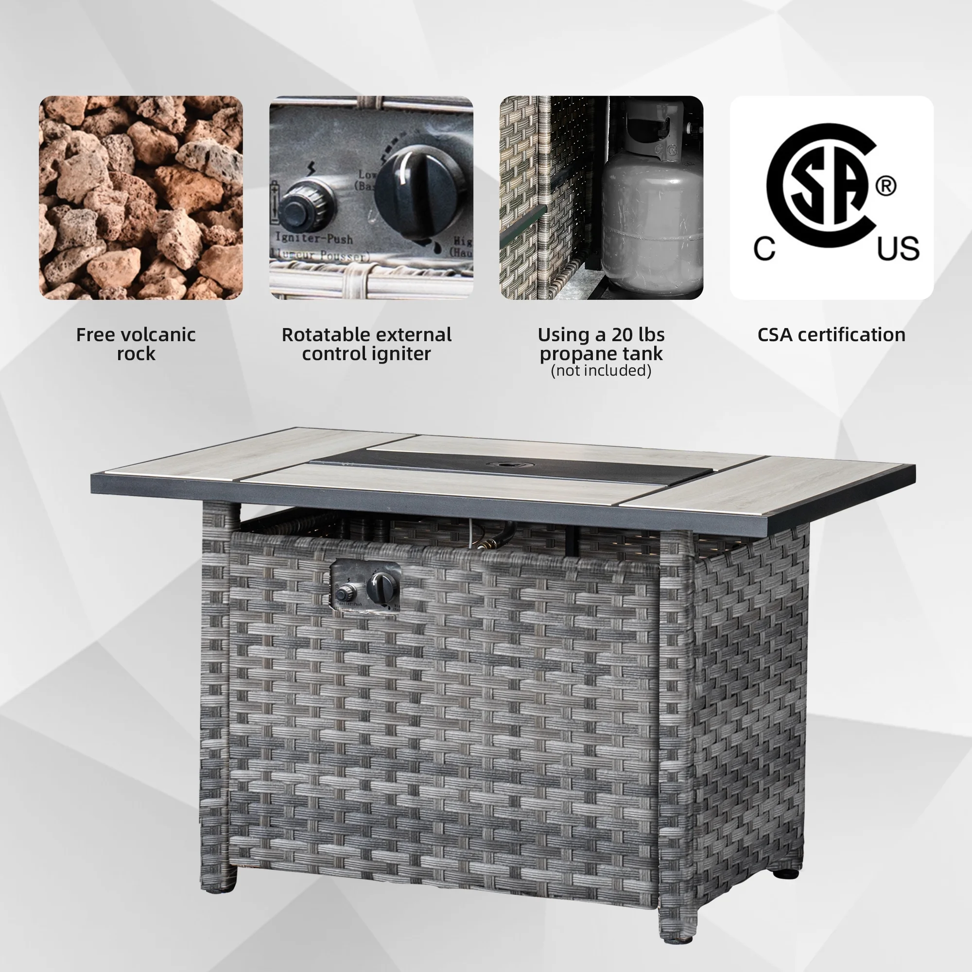 Ovios Outdoor Wicker Propane Fire Pit Table 42-Inch 50,000 BTU Flame Gas Fire Pits for Patio with Waterproof Cover & Lid Rectangle - Womvr