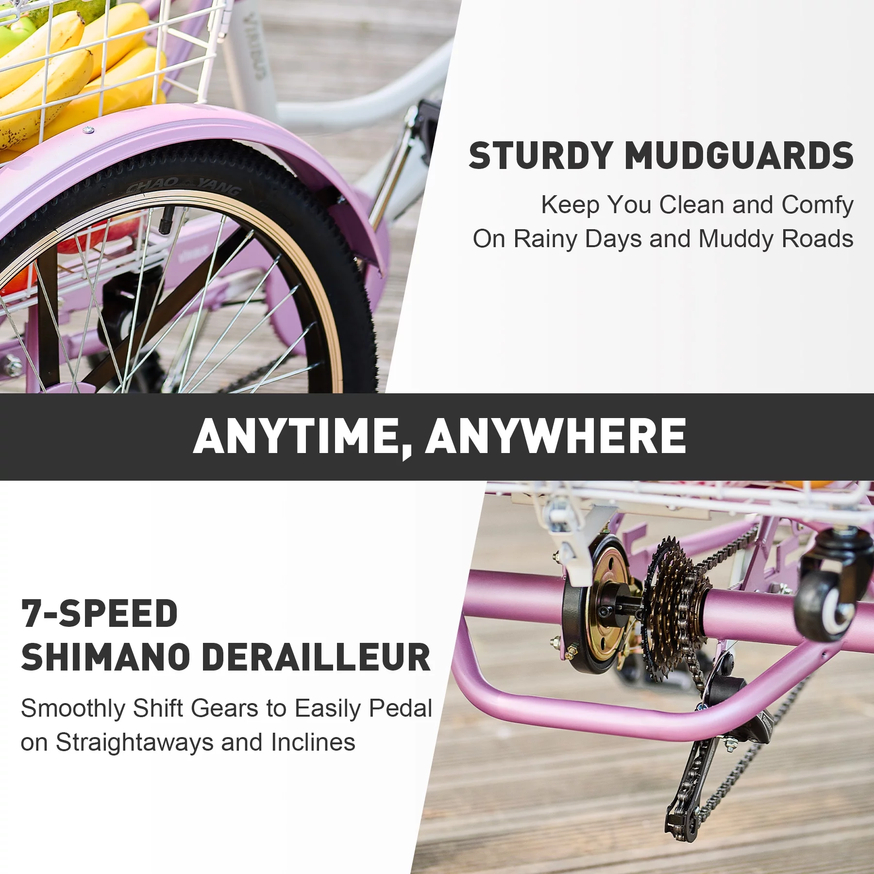 VIRIBUS 24 Inch Adult Trike 7 Speed Bike w Adjustable Seat 2 Baskets Matte Gray - Womvr