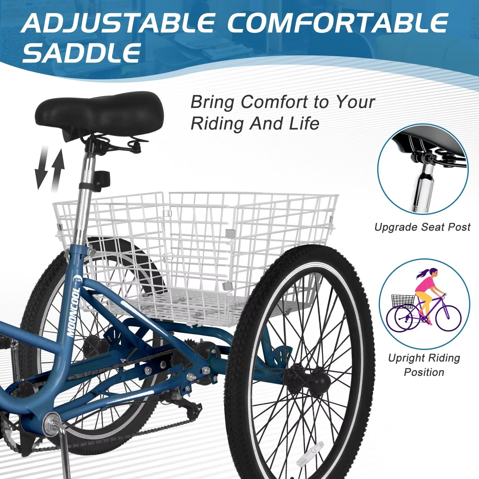 MOPHOTO 20/24/26 inch Adult Tricycle Folding 3 Wheel Cruiser Bikes 7 Speed, Portable and Foldable Trikes with Cargo Basket for Men & Women Outdoor Cycling, Purple - Womvr