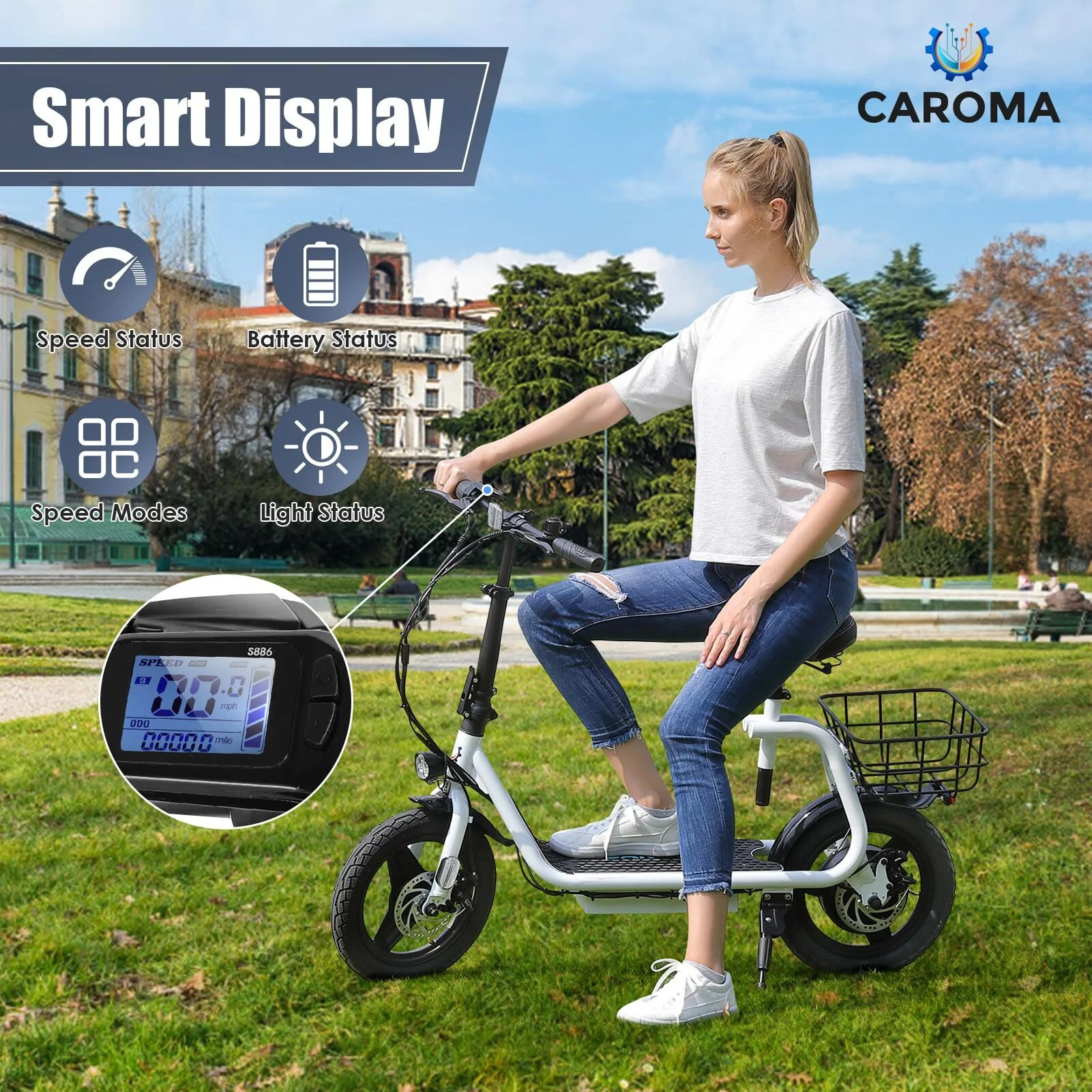 Caroma 500W Electric Scooter with Seat for Adult, 14 inch Commuter Electric Scooter with Dual Shock Absorbers and Basket - Up to 25 Miles 20 MPH, Silver - Womvr