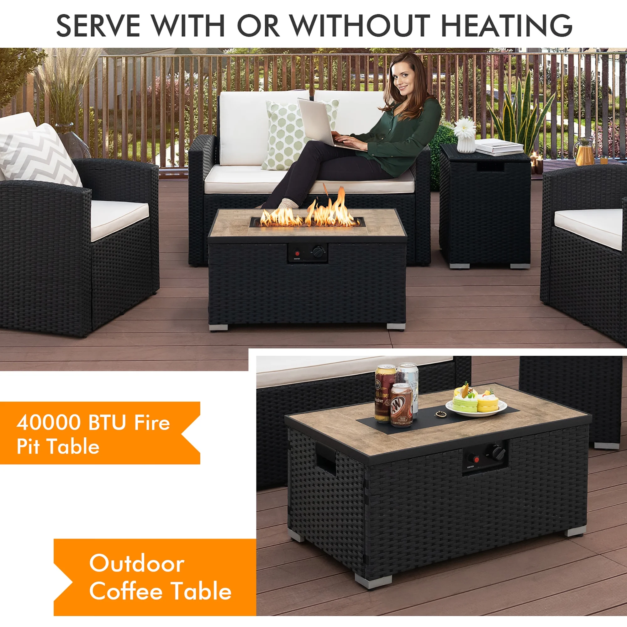 Gymax 32''x 20'' Propane Rattan Fire Pit Table Set w/ Side Table Tank & Cover 40,000 BTU - Womvr