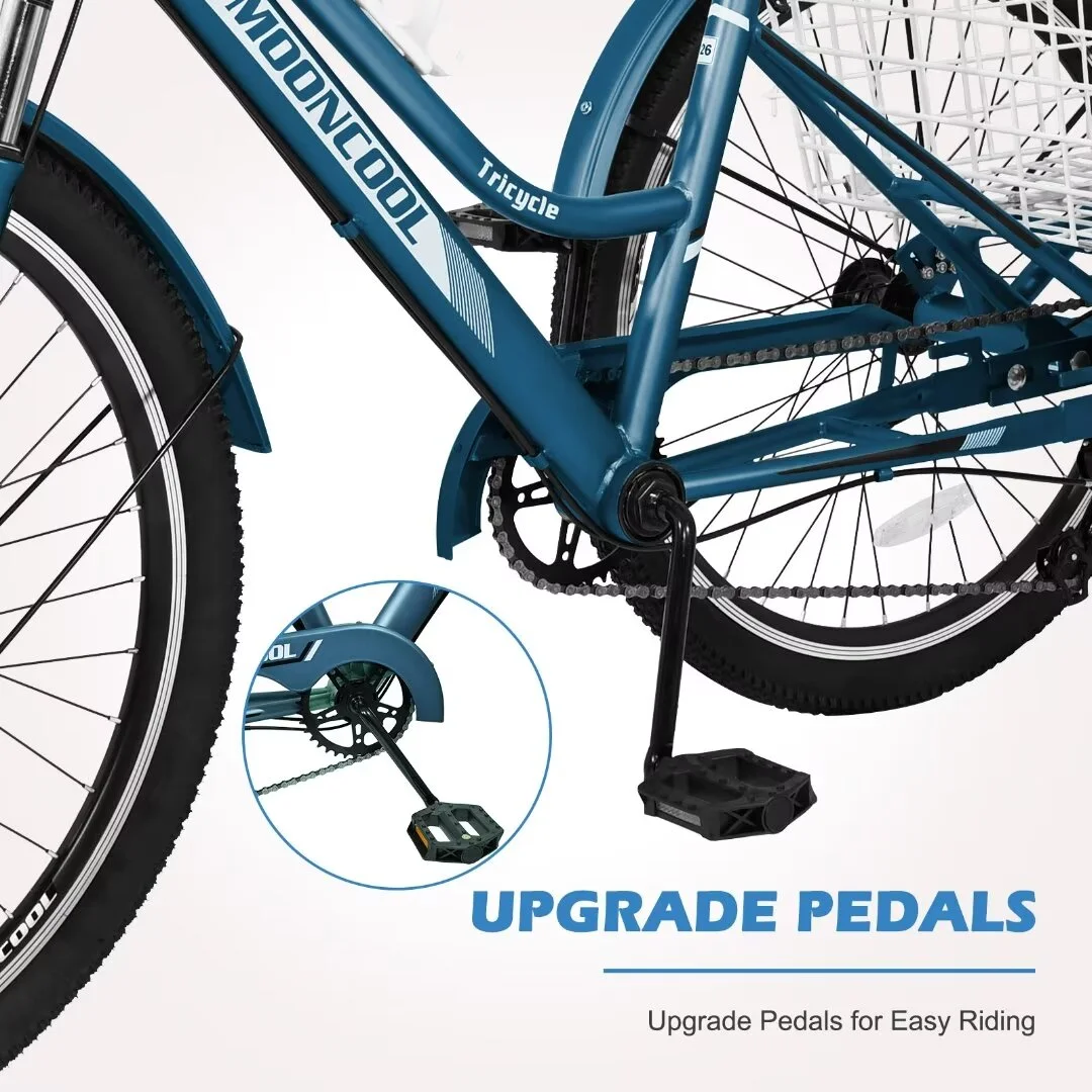 Docred Adult Tricycle, 7 Speed Three Wheel Mountain Bike, 24/26/27.5 inch Adults Trikes ,Load capacity 420 lbs - Womvr