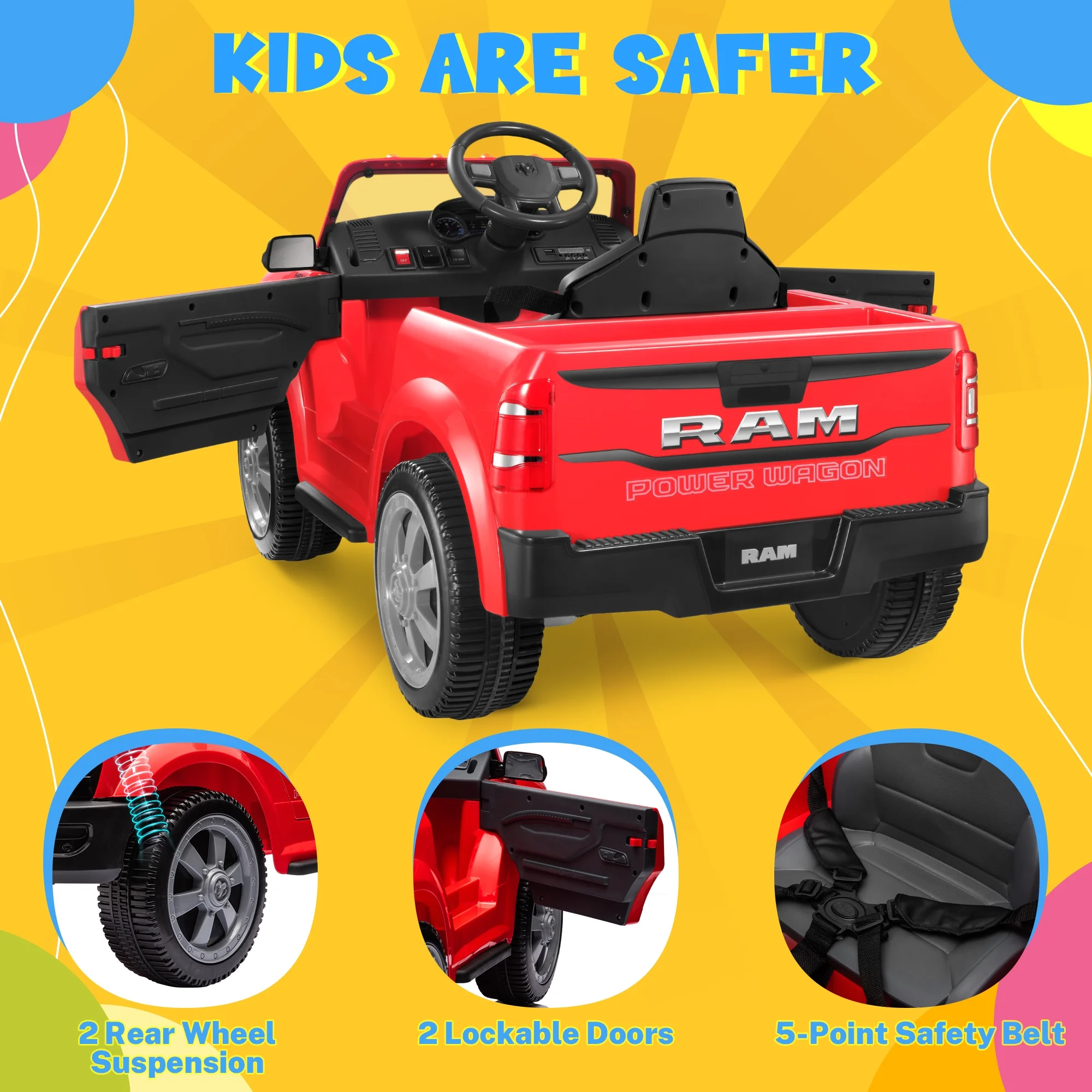 Dodge Ram Ride On Car for Kids, 12V Powered Ride On Truck Cars with Parents Remote Control,Dodge Electric Ride On Car for Boys Girls 3-5, Red - Womvr