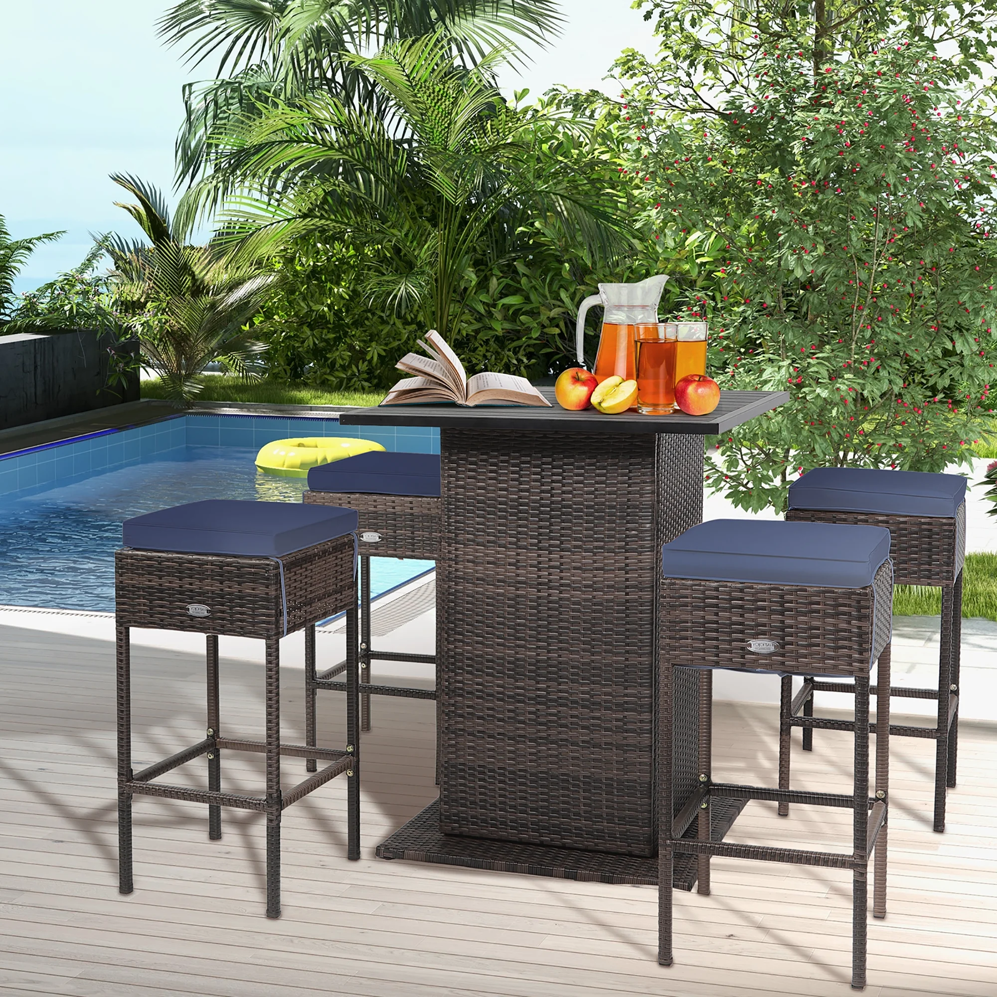 Gymax 5PCS Patio Bar Set Rattan Bar Furniture Set w/ Table & 4 Cushioned Stools Navy - Womvr