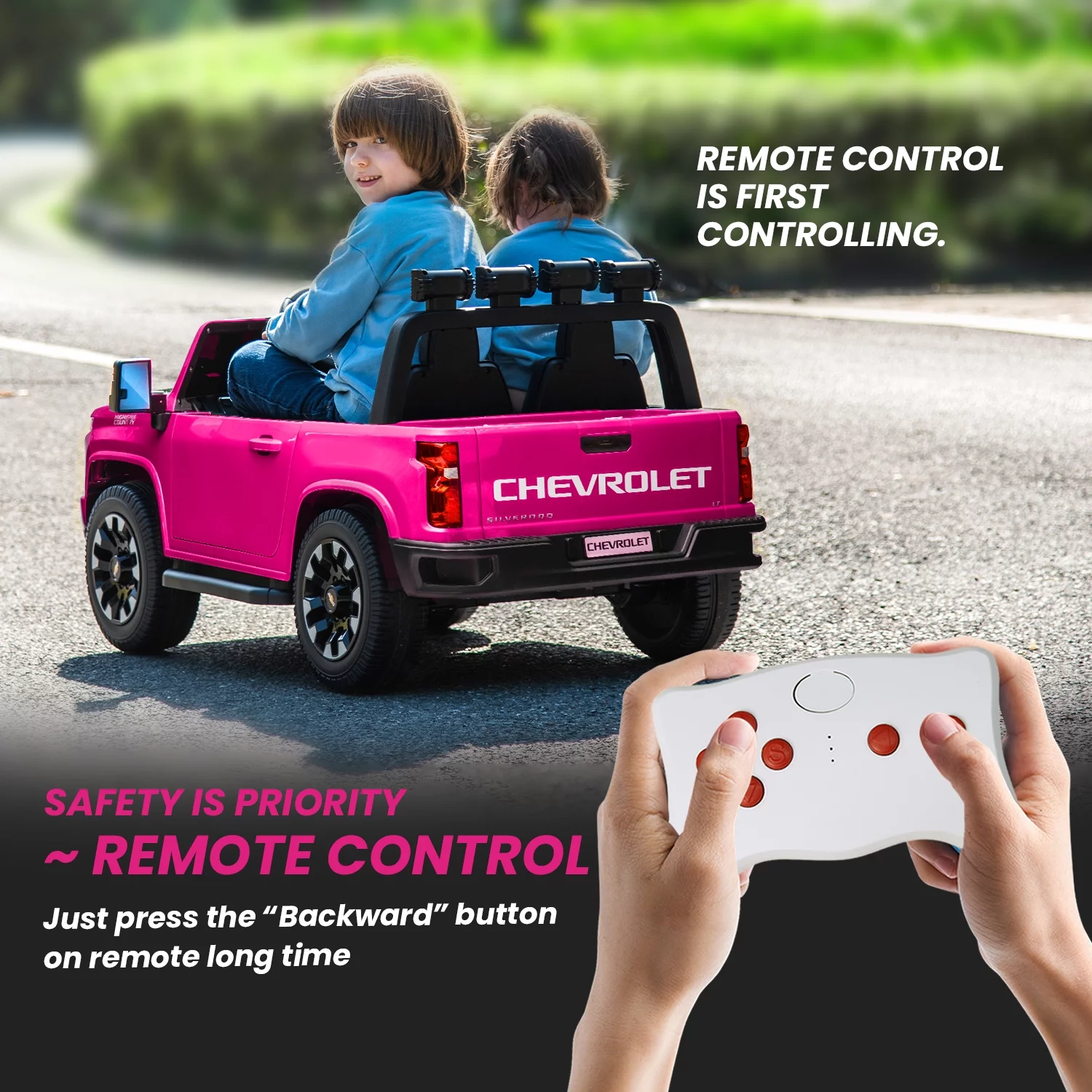 Track 7 24V Ride on Car, Licensed Silverado HD 2 Seater Electric Car for Boys Girls Age 3+, 24V Ride on Truck w/Remote Control, Music, ABC, Pink - Womvr