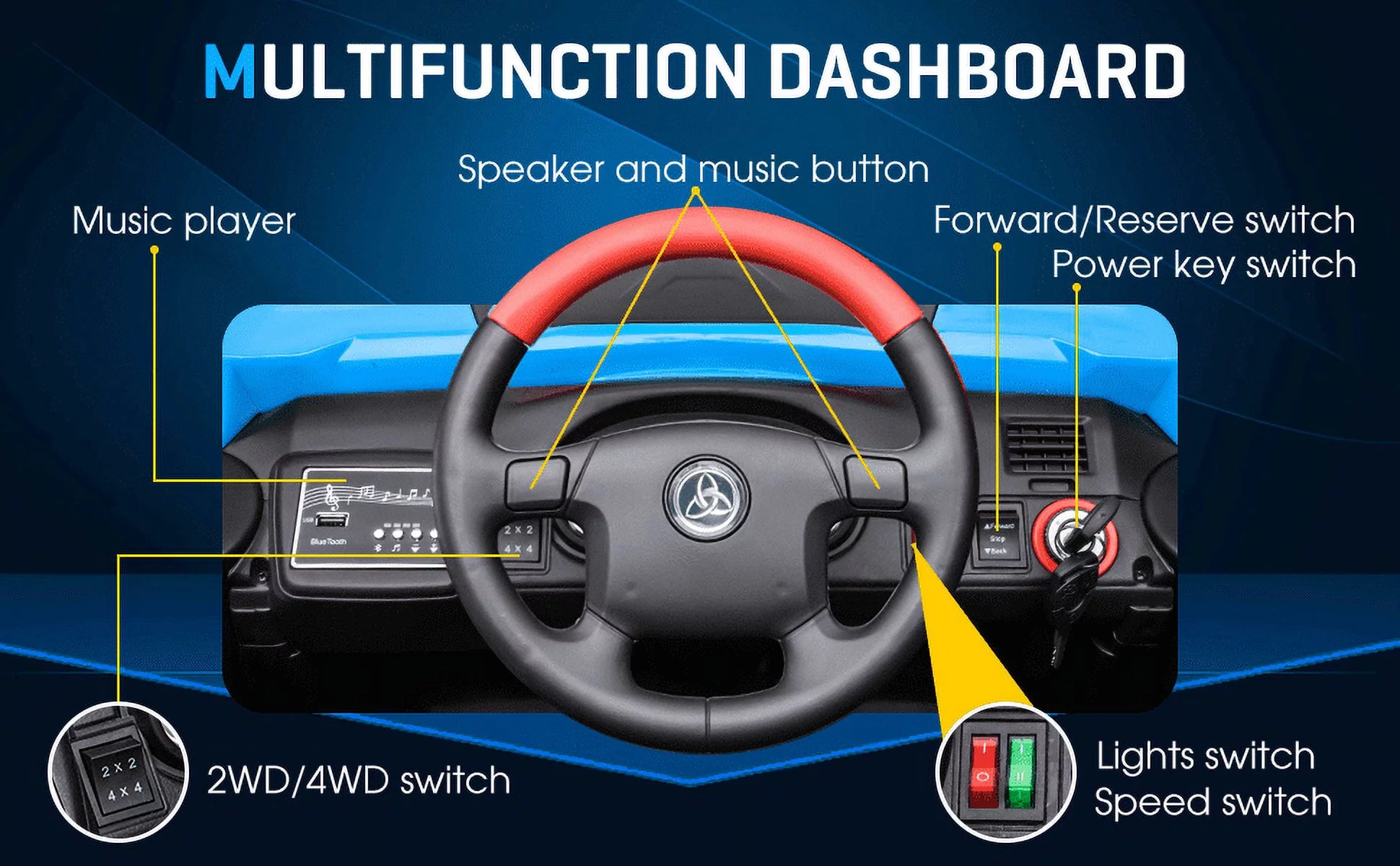 TOKTOO 24V Ride on Car, 4WD Powered Ride on UTV with Remote Control & Trunk Storage Space,  1 Seater Kid Car for Boys Girls -Blue - Womvr