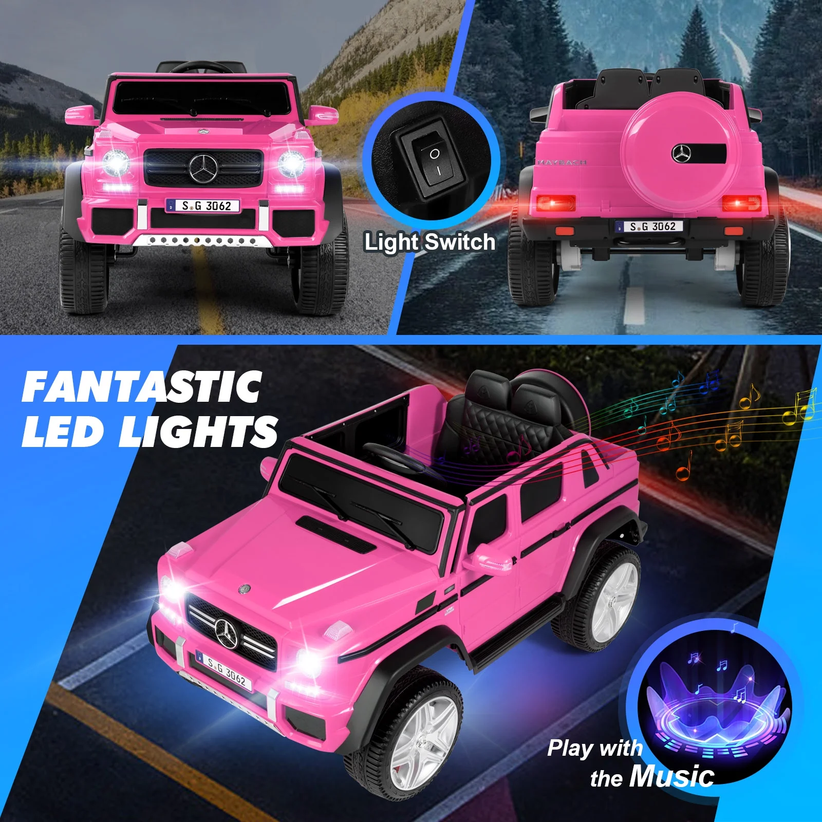 JOYLDIAS 12V Kids Ride on Car 3 Speeds Licensed Mercedes-Benz Electric Toy w/ Bluetooth, Remote Control, LED Lights (Pink) - Womvr