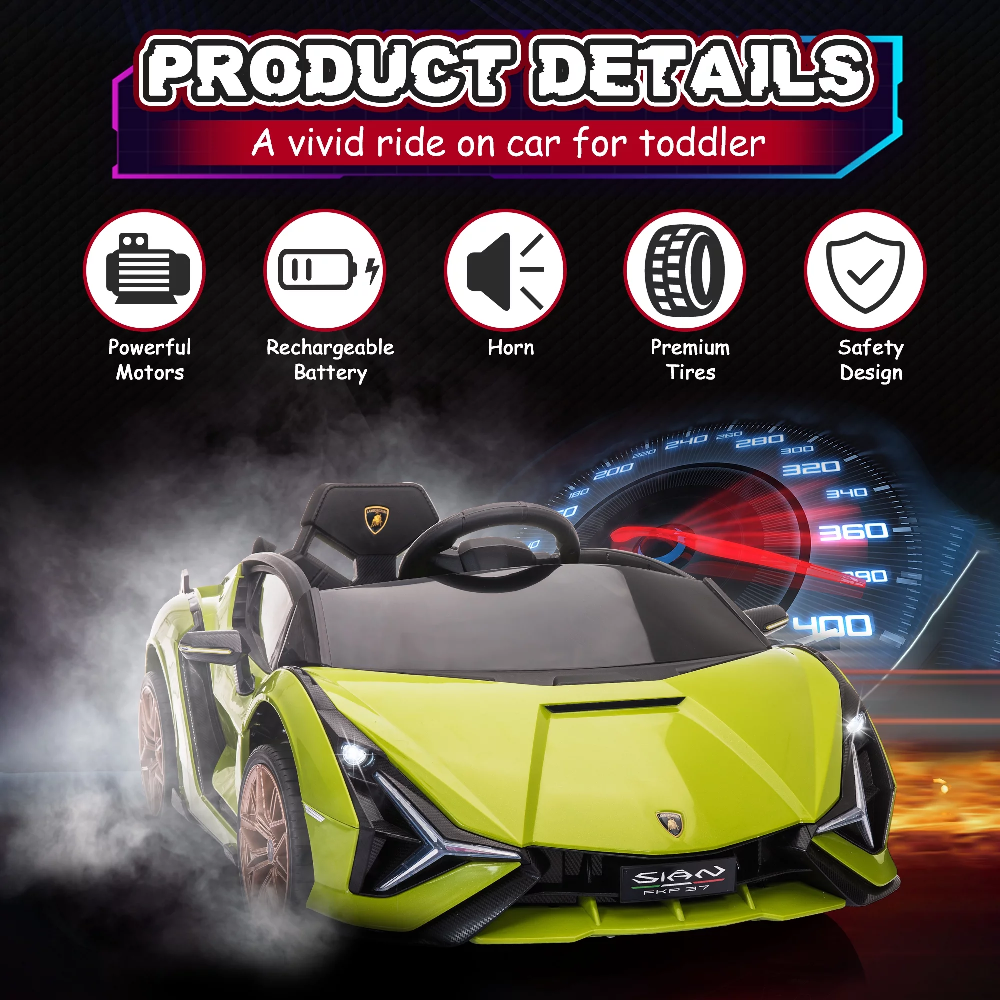 TOBBI 24V Lamborghini STO Licensed Kids Ride on Drift Car Gray Electric Car W/Remote Control LED Lights, up to 10 mph - Womvr