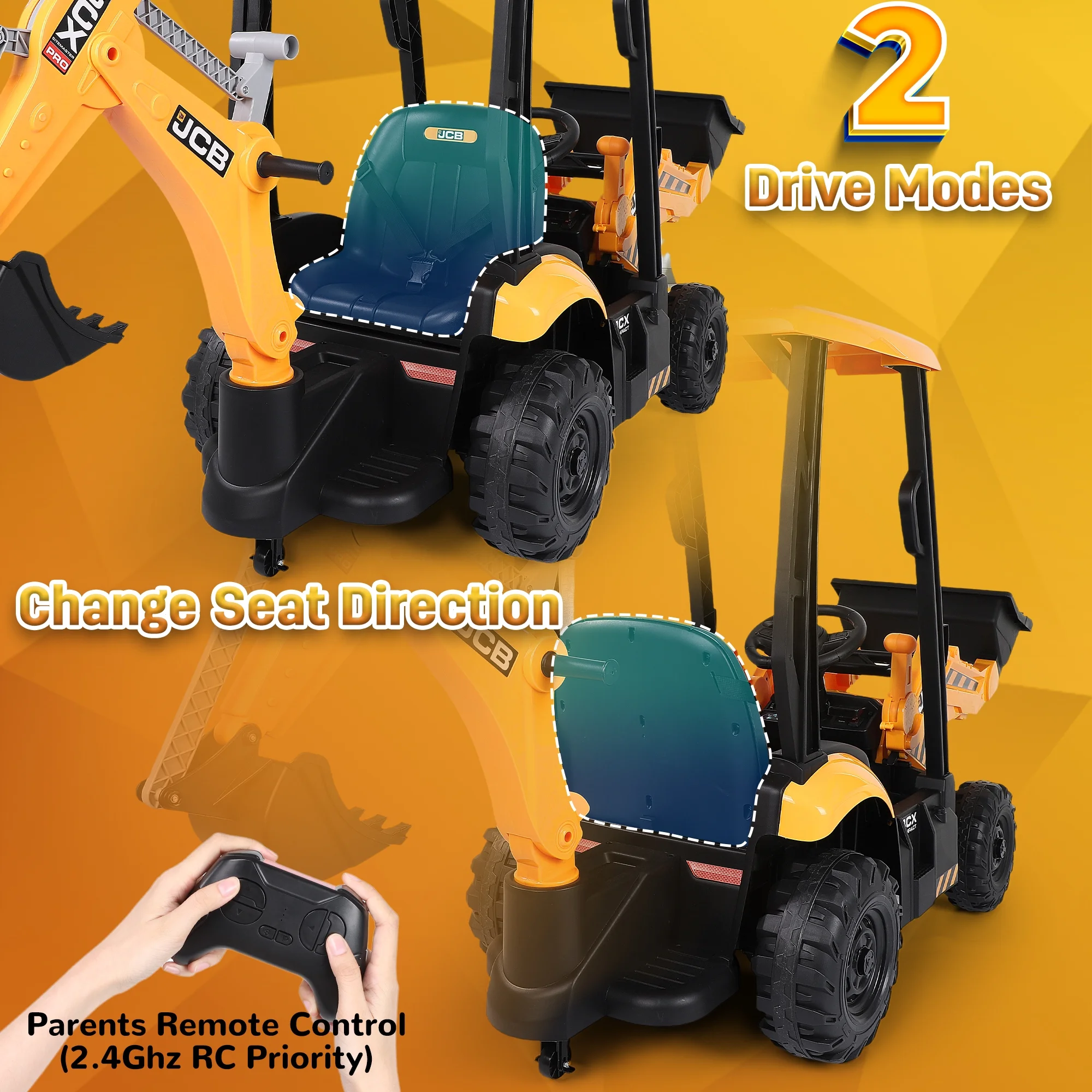 JCB 2 in 1 Kids Ride on Car Excavator & Bulldozer,Wisairt 12 V Battery Powered Electric Vehicle w/ Remote Control,Bucket,Digger,Handle(Yellow) - Womvr