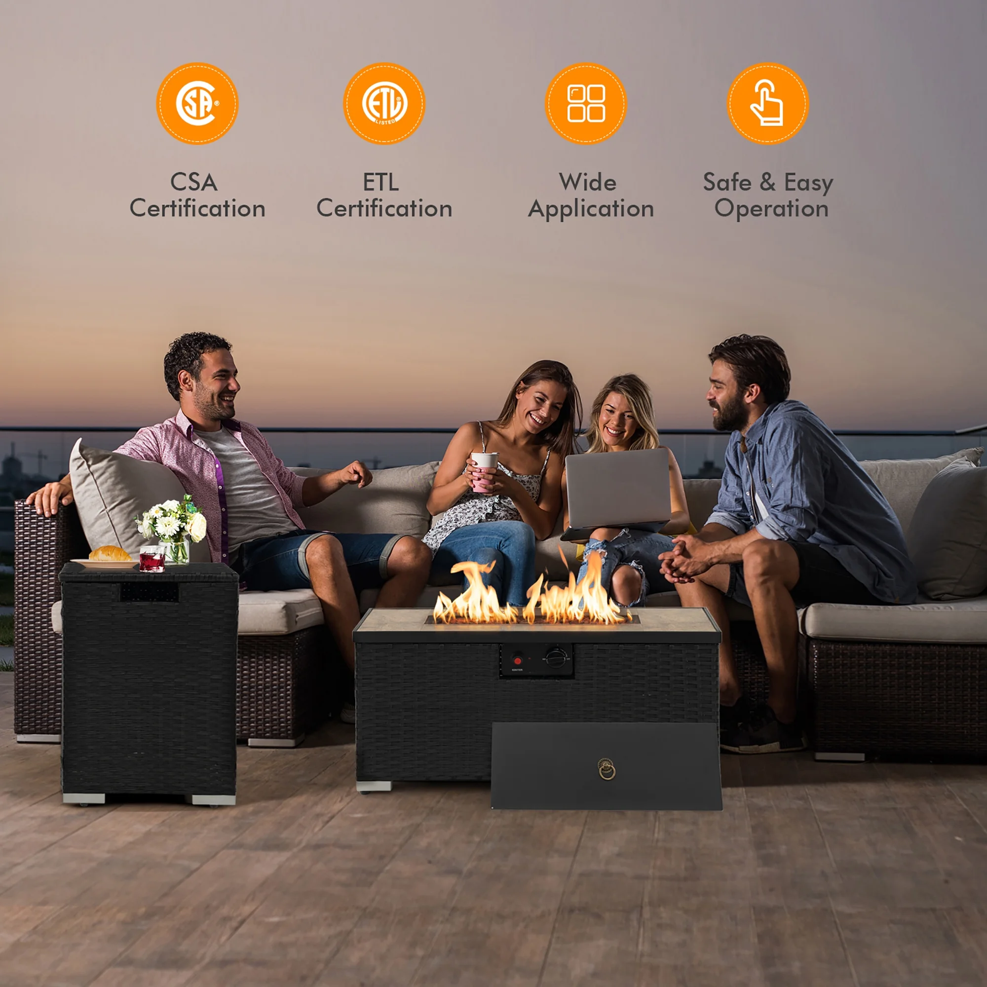 Gymax 32''x 20'' Propane Rattan Fire Pit Table Set w/ Side Table Tank & Cover 40,000 BTU - Womvr