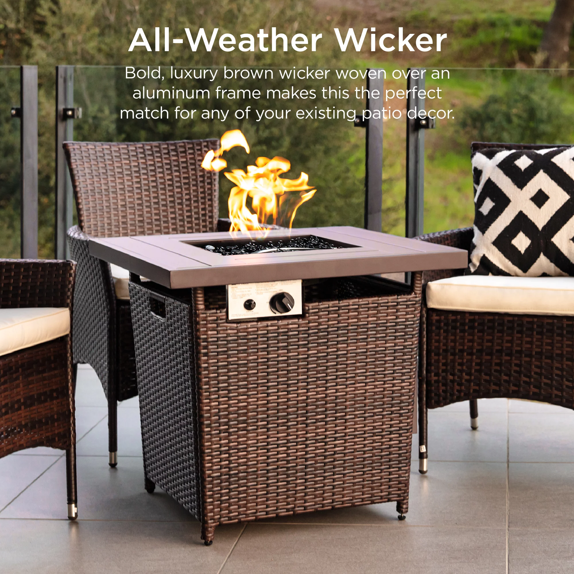 Best Choice Products 28in Propane Gas Fire Pit Table 50,000 BTU Outdoor Wicker w/ Glass Beads, Tank Holder  Brown - Womvr